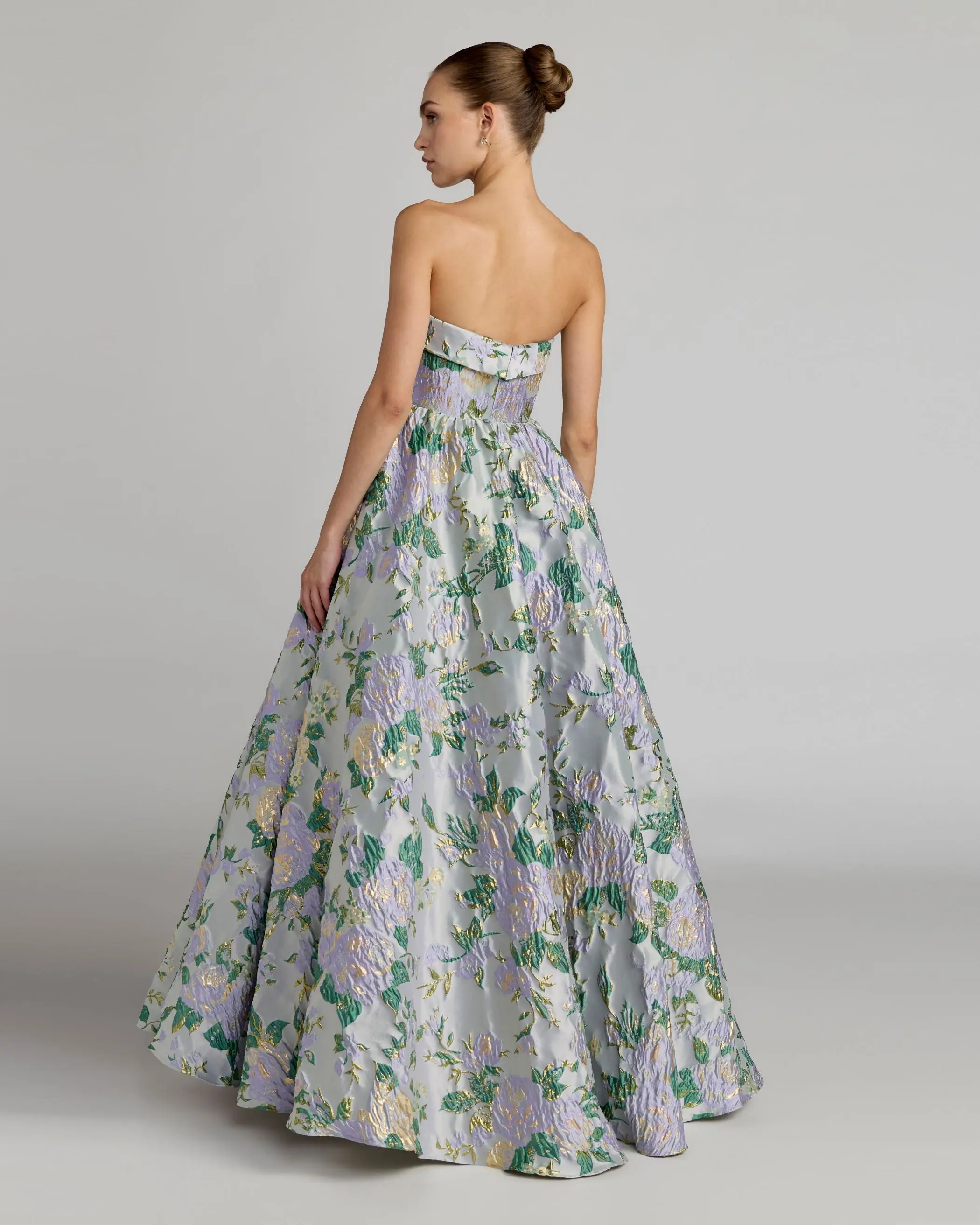 Blue Multicolor Floral Strapless Brocade Ball Gown - Image 3
