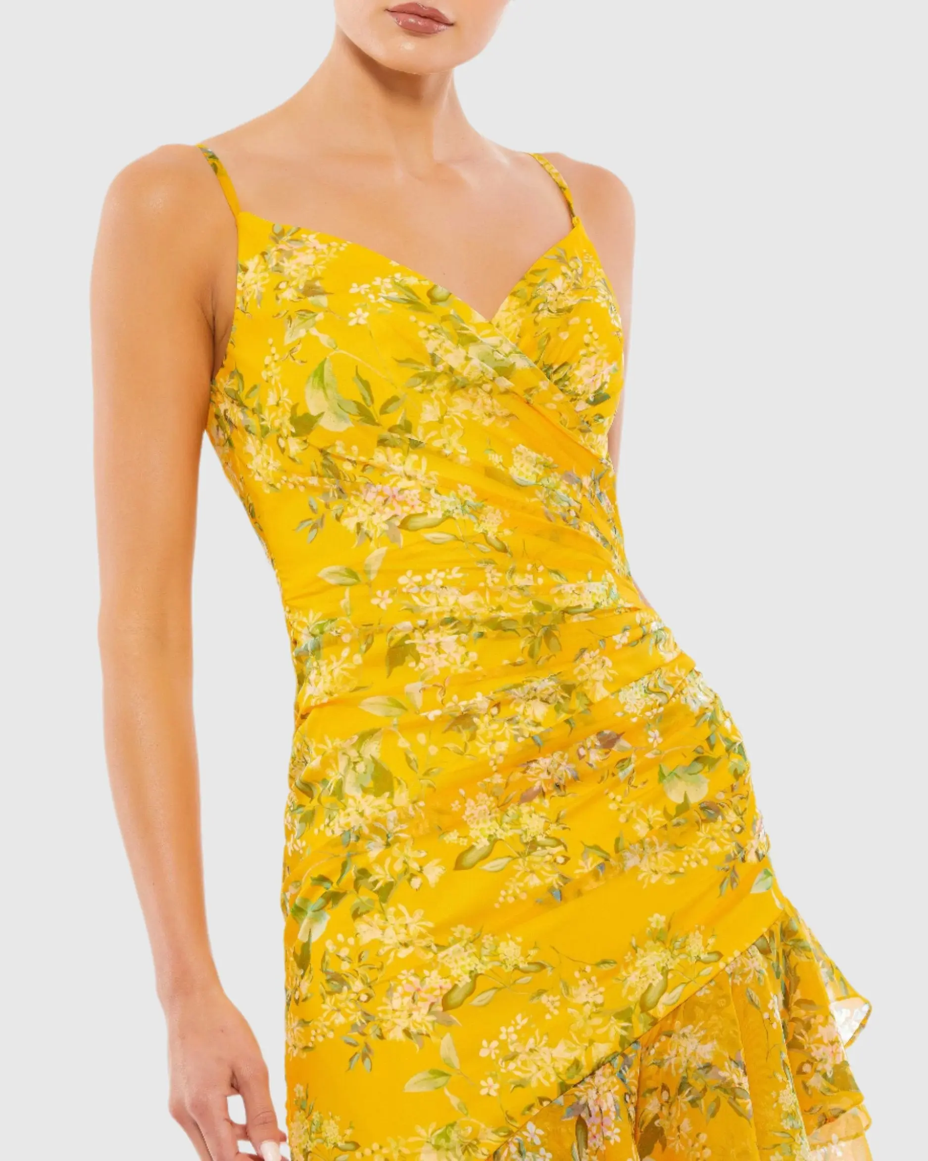Yellow Floral Ruffle Asymmetrical Hi Low Hem Dress - Image 2