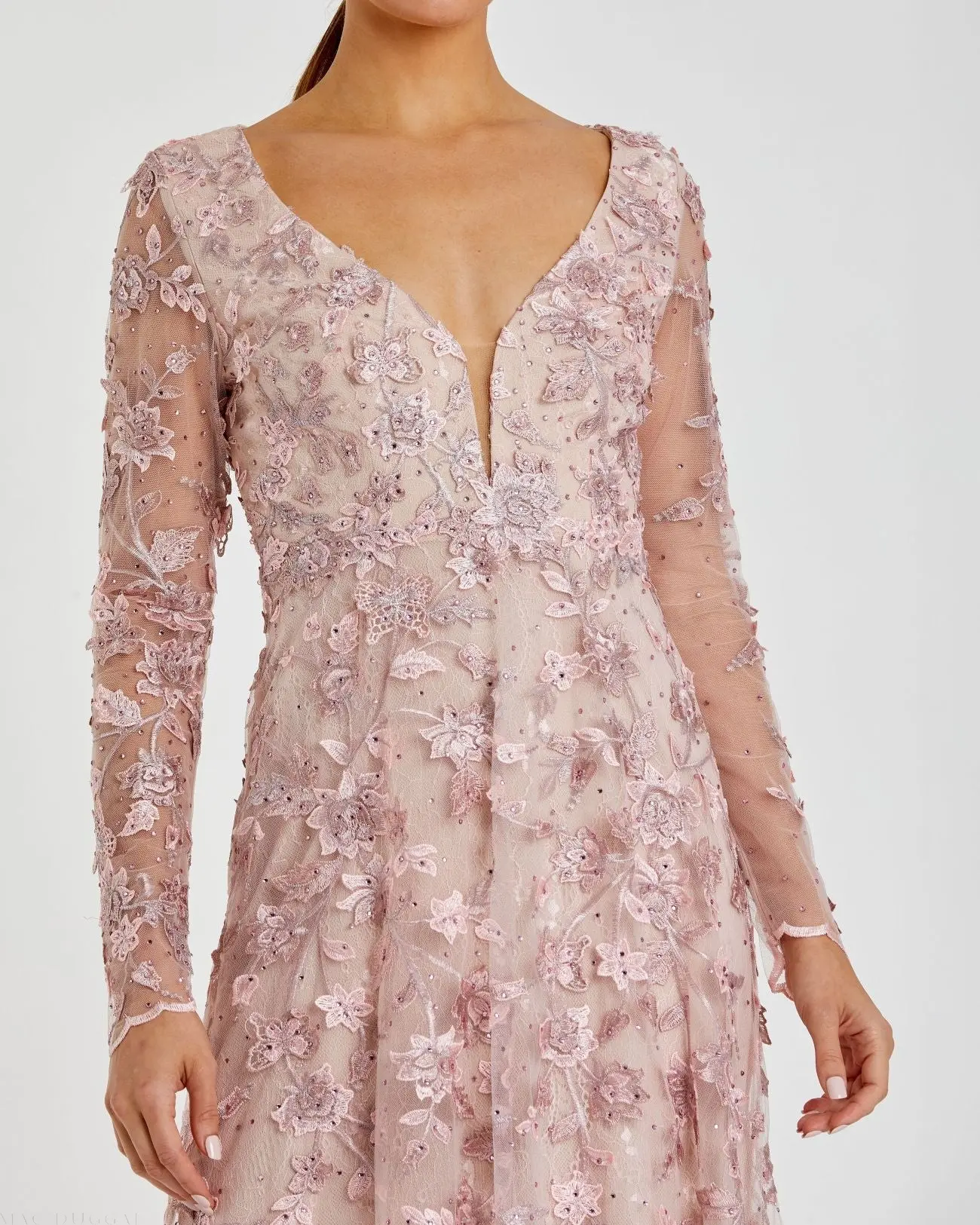 Pink Floral Applique Long Sleeve Illusion Gown - Image 2