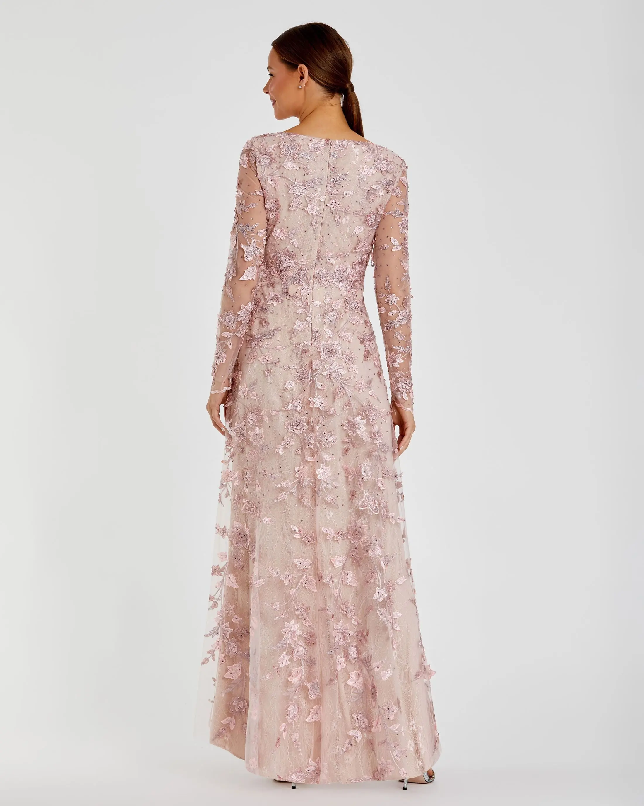 Pink Floral Applique Long Sleeve Illusion Gown - Image 3