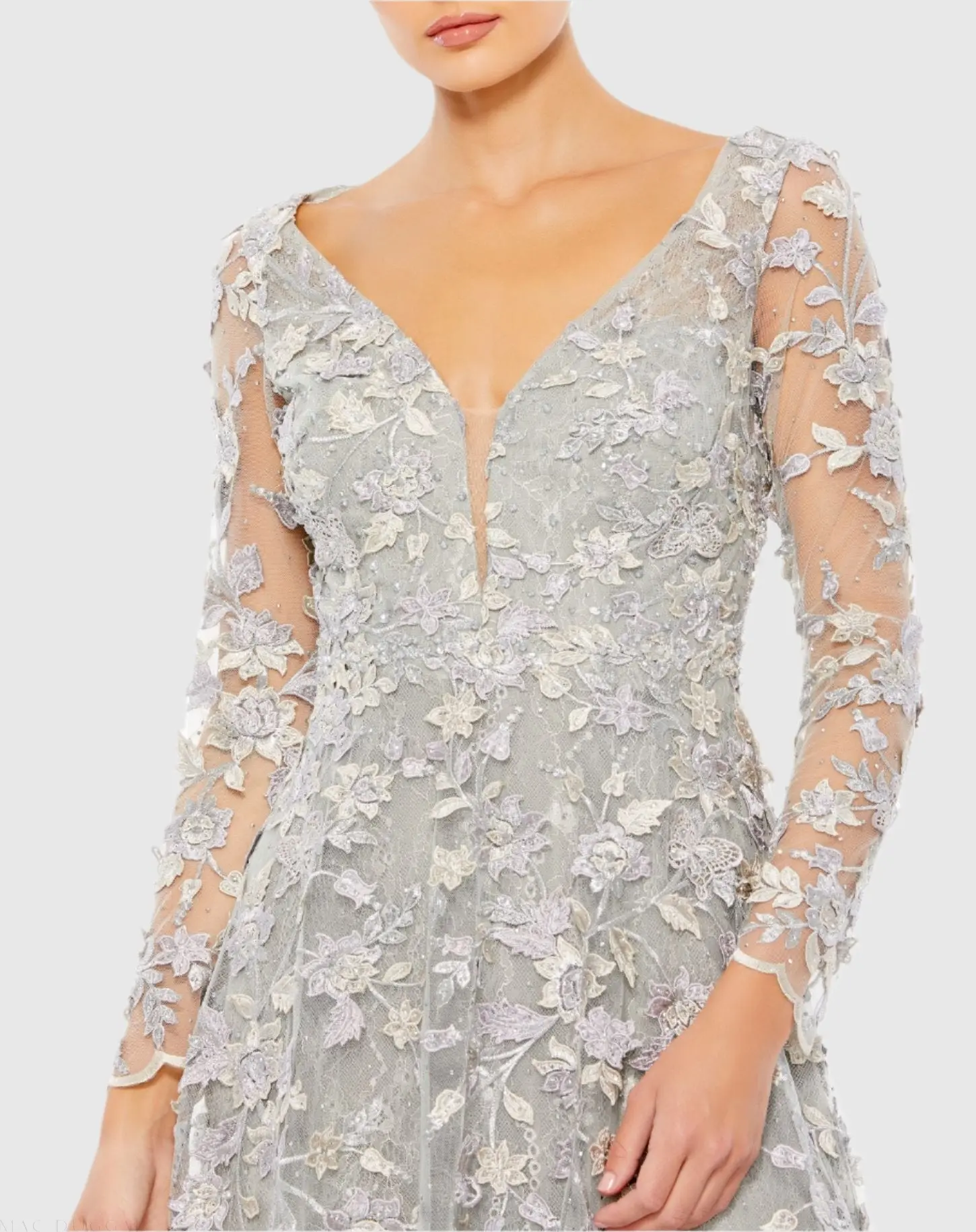 Gray Floral Applique Long Sleeve Illusion Gown - Image 2