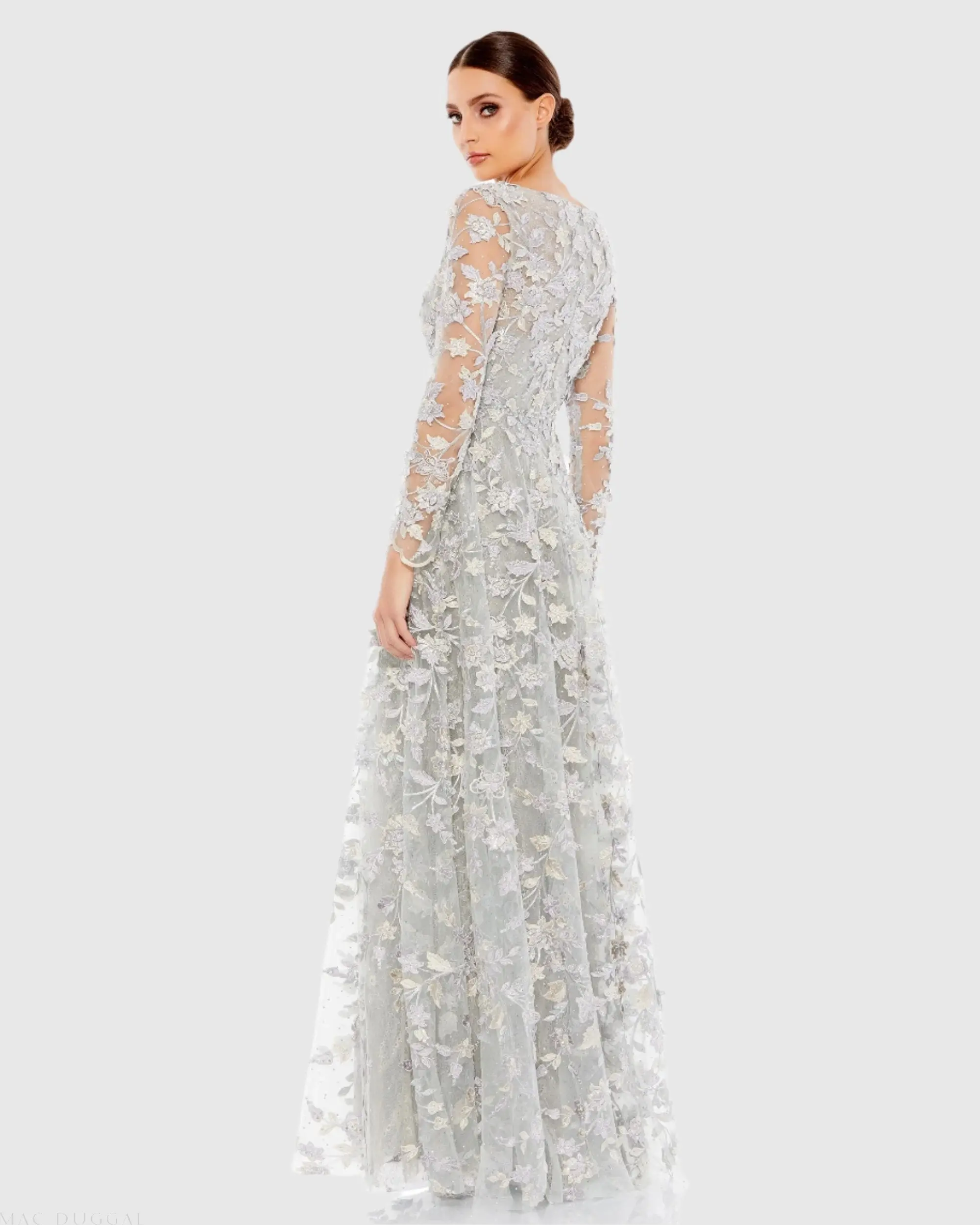 Gray Floral Applique Long Sleeve Illusion Gown - Image 3