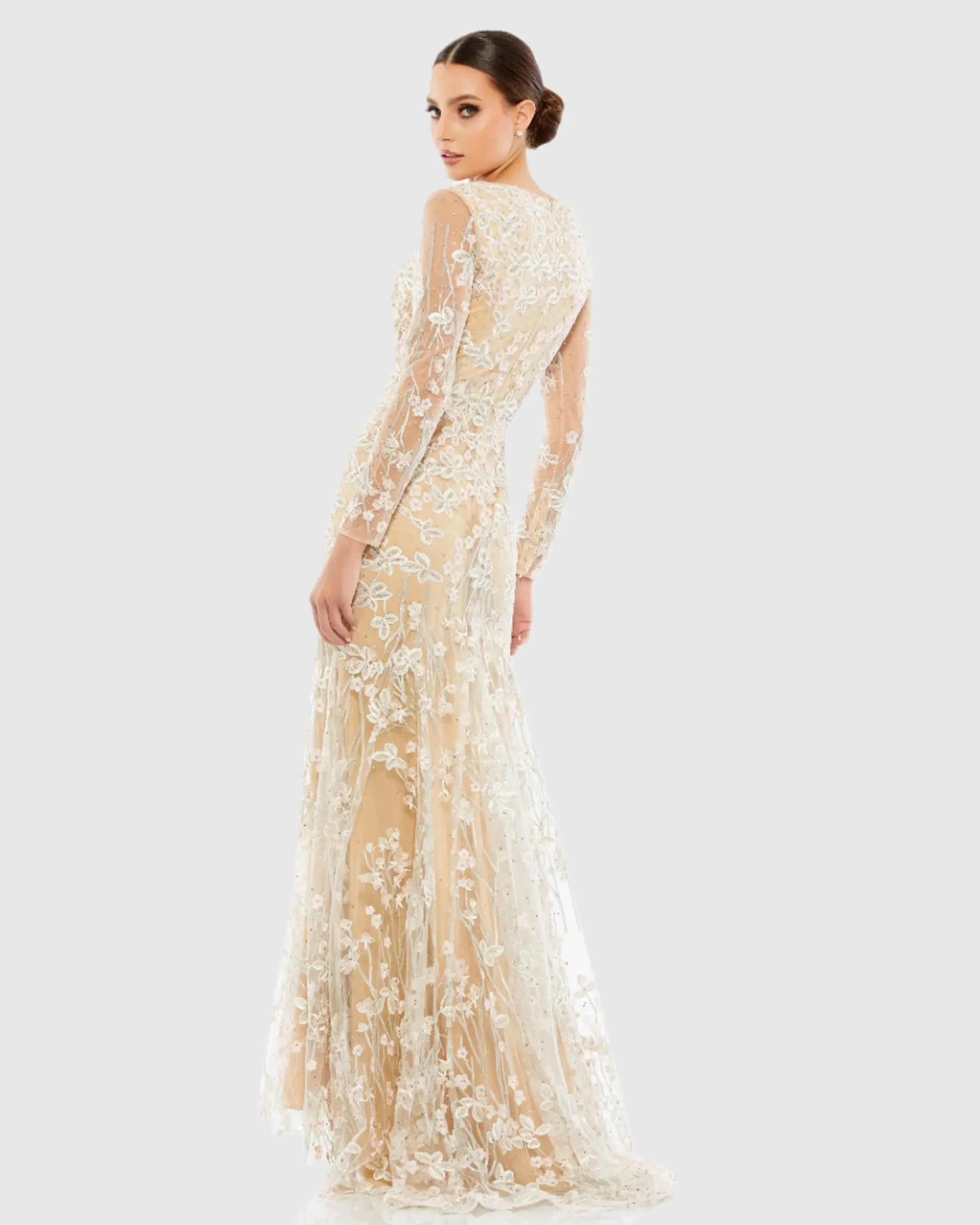 Beige Embroidered V Neck Long Sleeve Trumpet Gown - FINAL SALE - Image 3