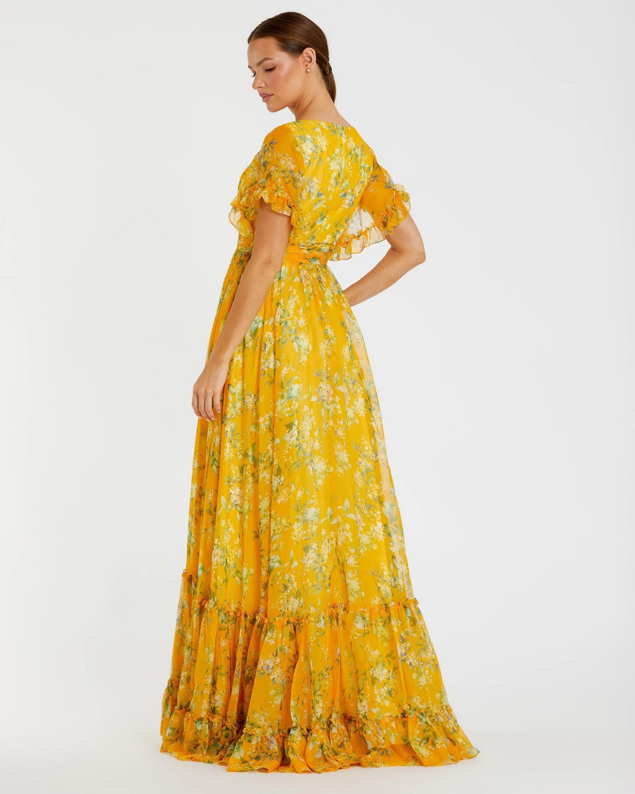 Yellow Multicolor Flounce Sleeve Floral Maxi Dress - Image 3