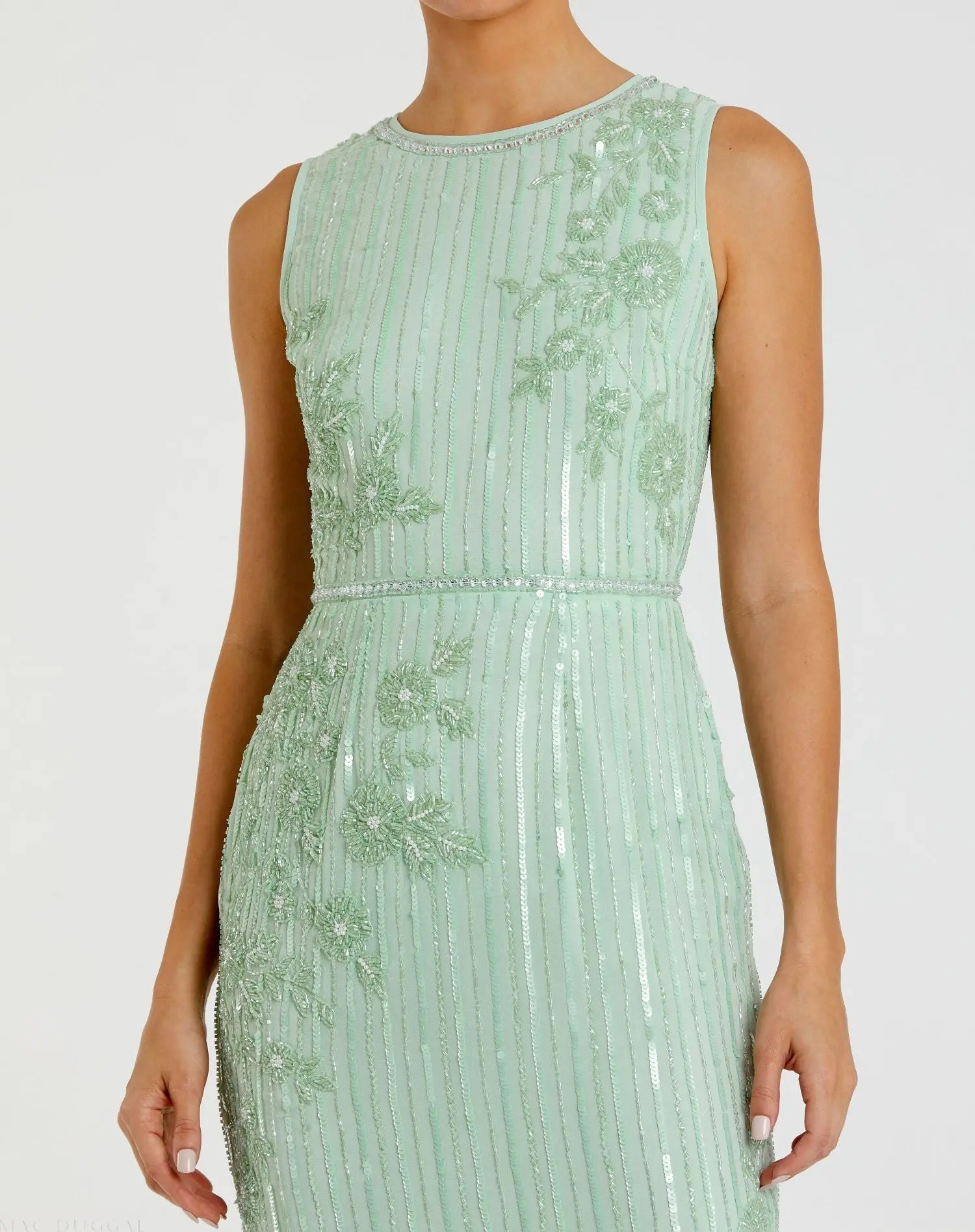 Green Striped Floral Embellished Sleeveless Midi Dress - Image 2