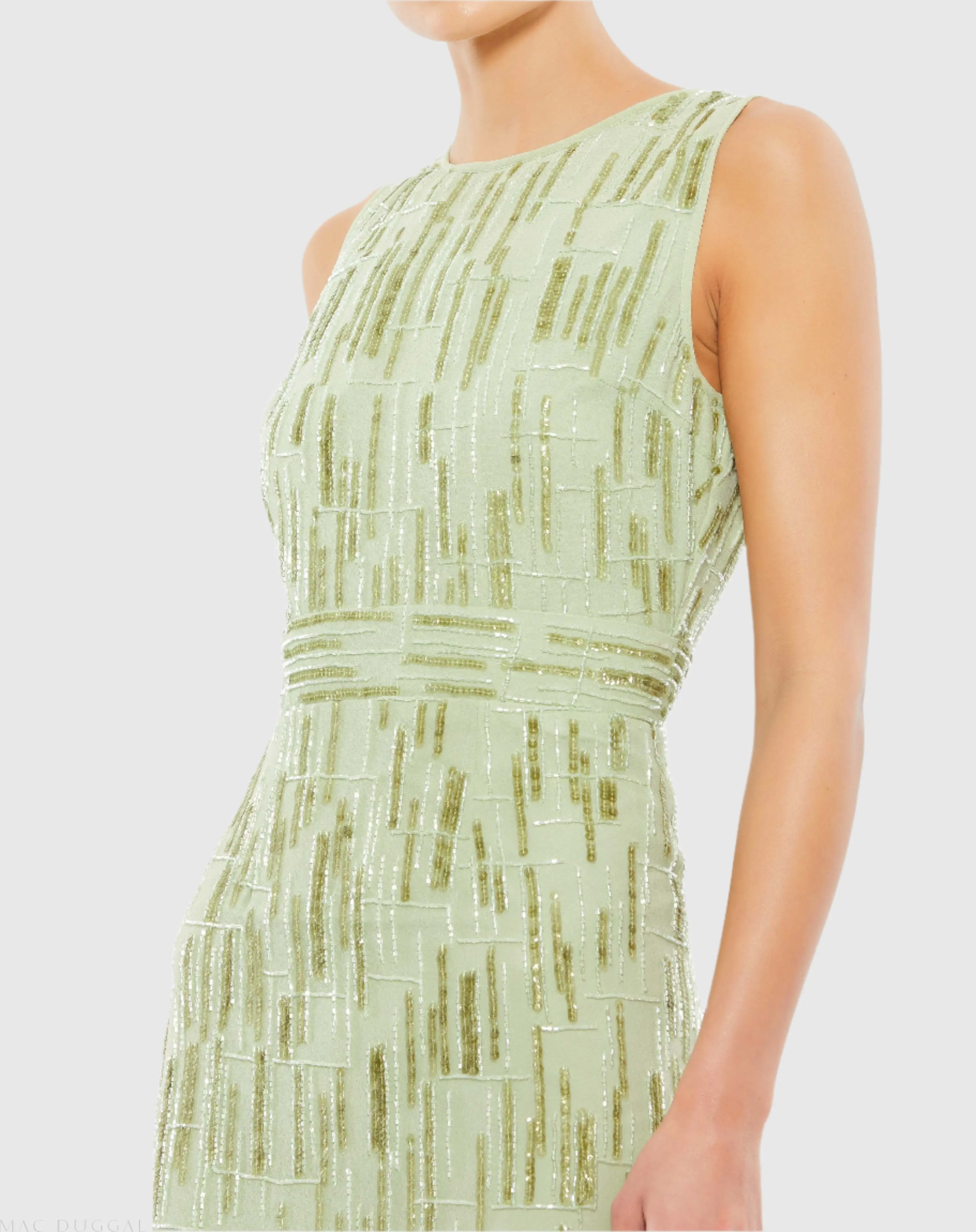 Green Abstract Beaded Sleeveless Midi Sheath Dress - Image 2