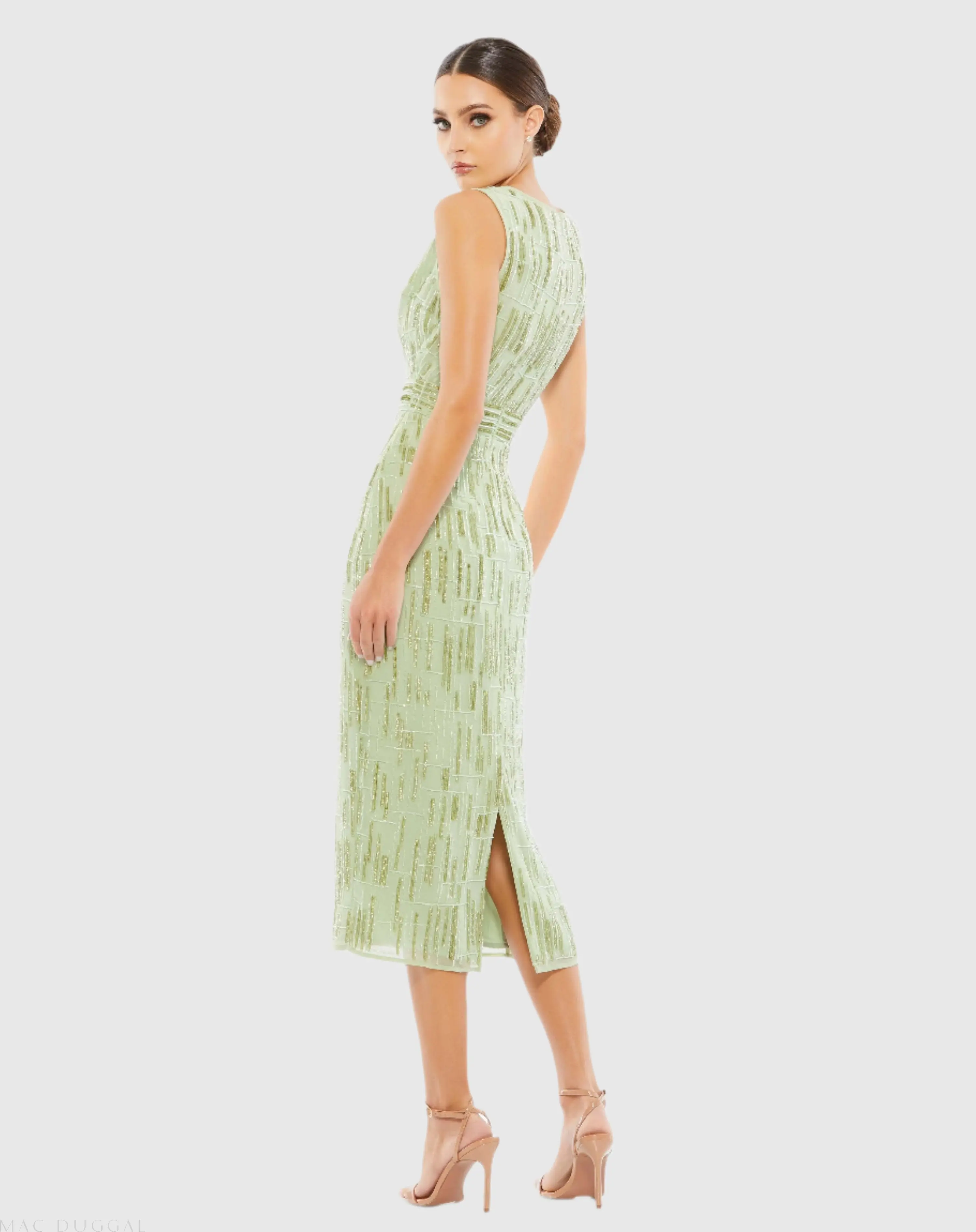 Green Abstract Beaded Sleeveless Midi Sheath Dress - Image 3