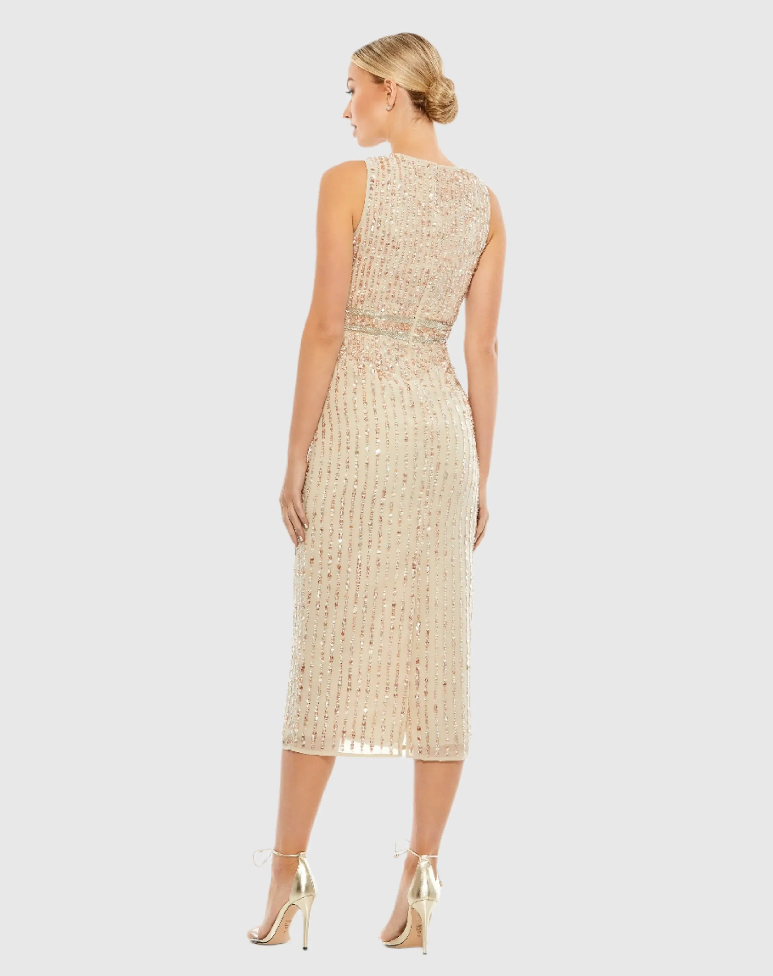 Beige Sequined Sleeveless V-Neck Midi Sheath Dress - Image 3