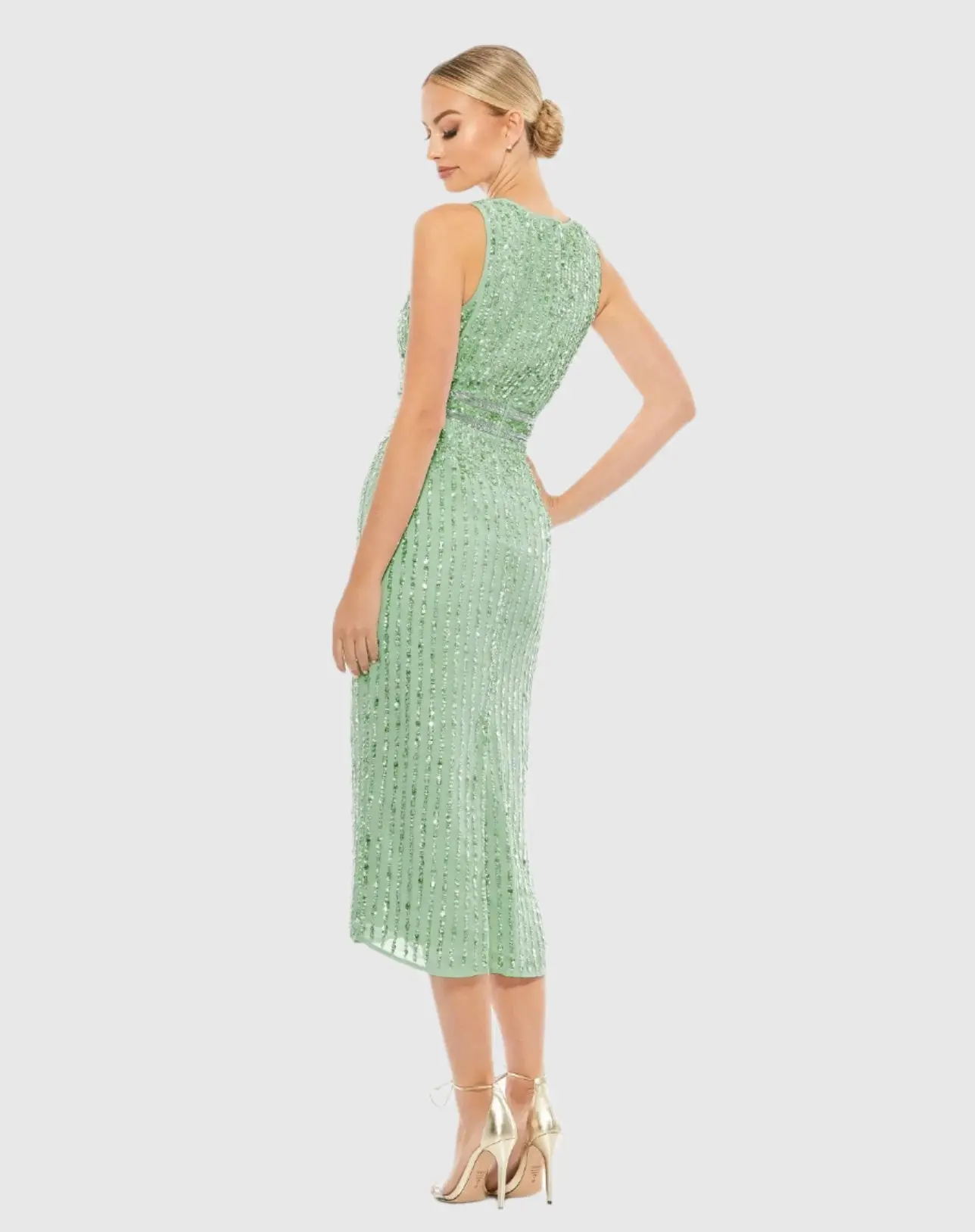 Green Sequined Sleeveless V-Neck Midi Sheath Dress - Image 3