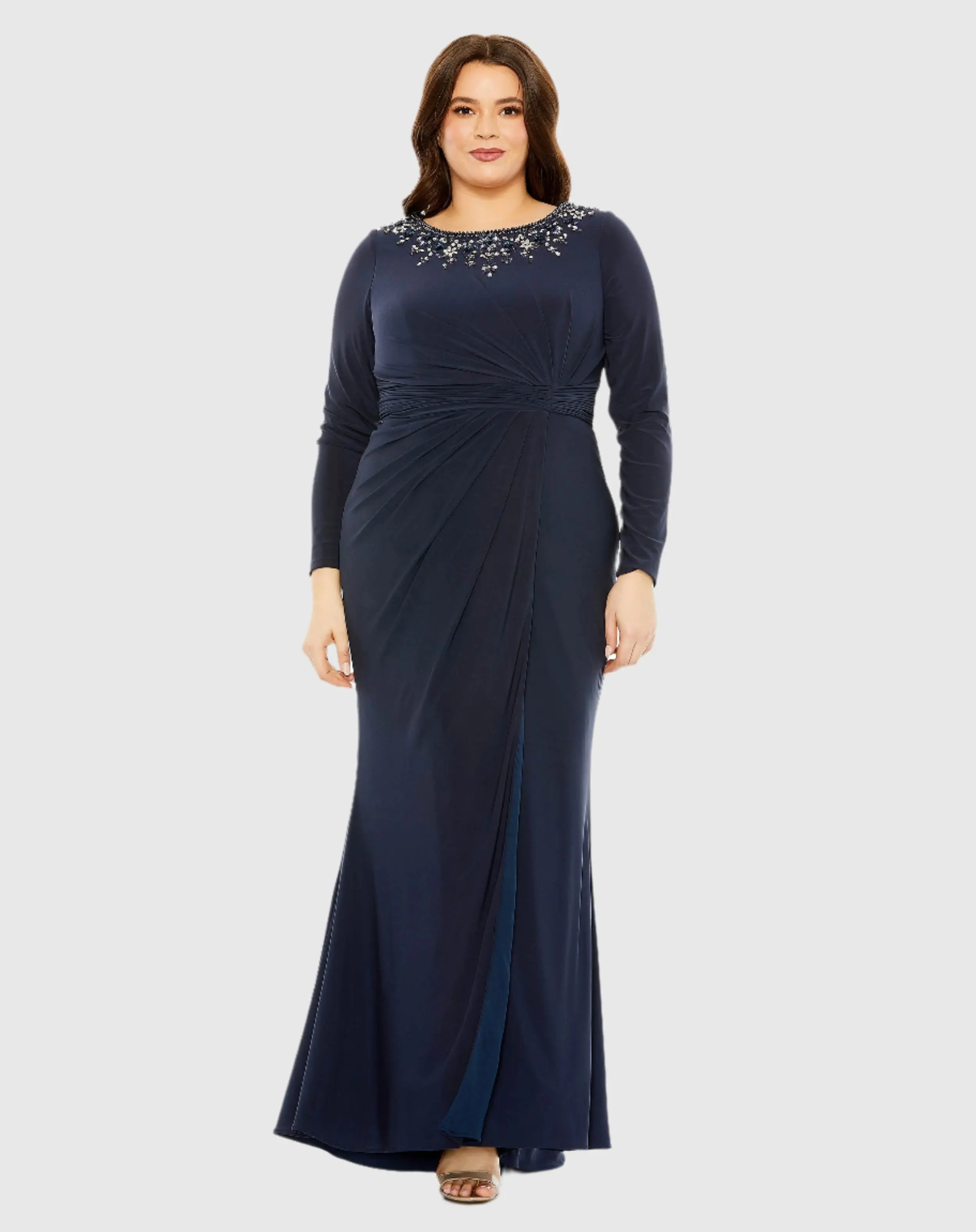 Navy Long Sleeve Embellished Neckline Jersey Gown - FINAL SALE