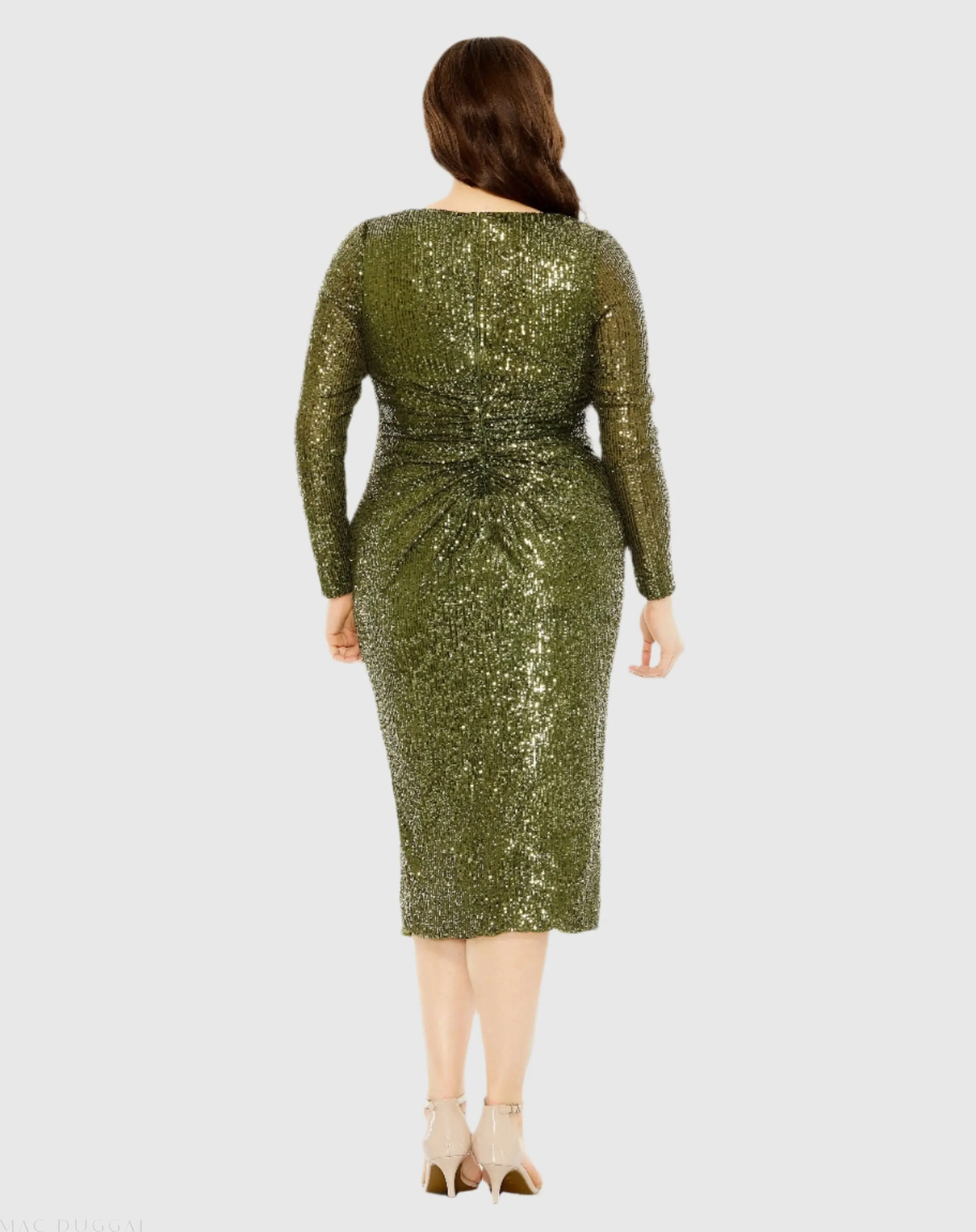 Green Long Sleeve Sequin Gathered Waist Dress - FINAL SALE - Image 3