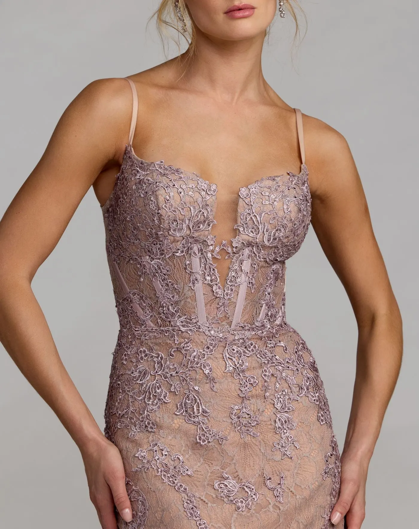Pink Embroidered Lace Sleeveless Mermaid Gown - Image 2