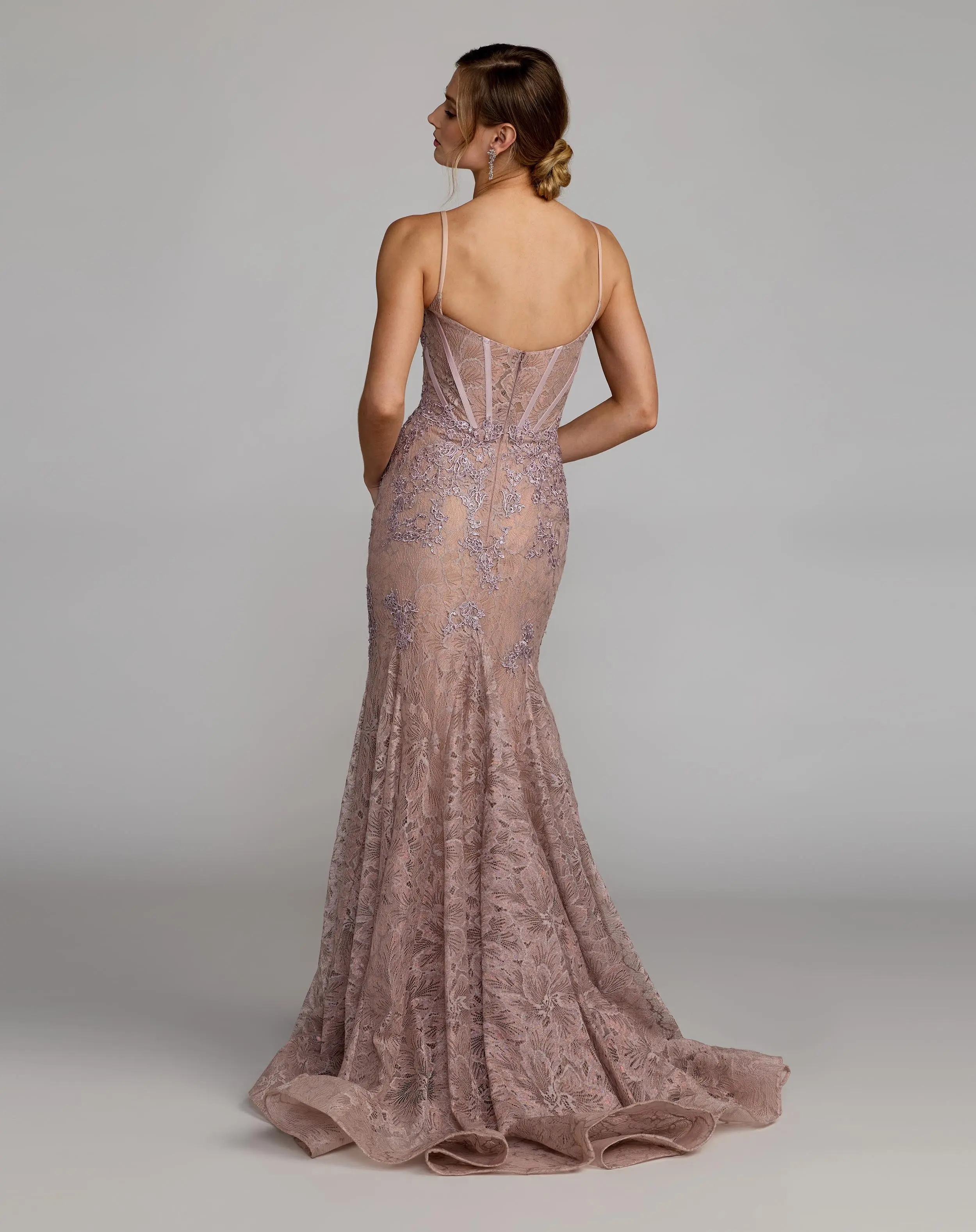 Pink Embroidered Lace Sleeveless Mermaid Gown - Image 4