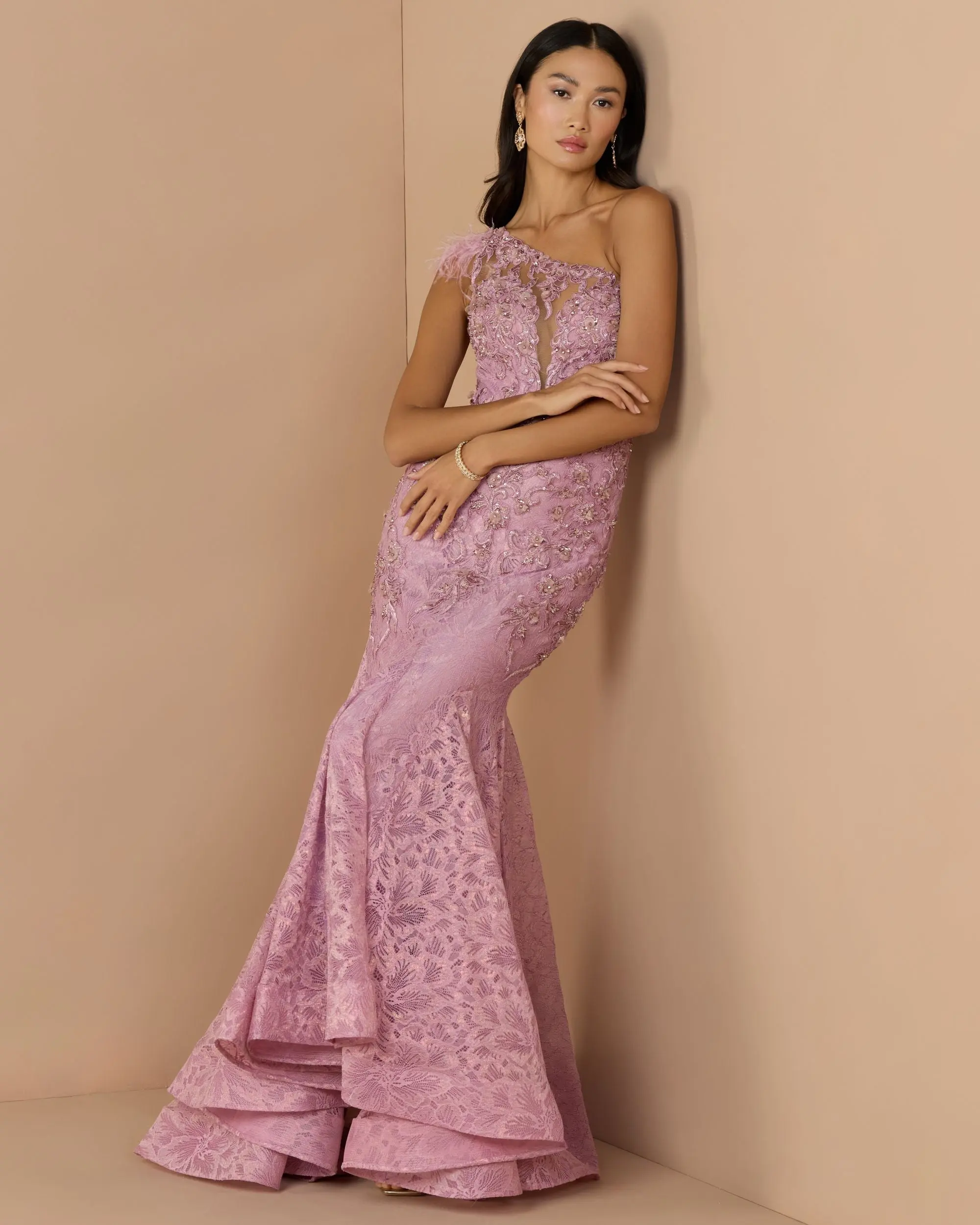 Pink Embellished Lace One Shoulder Gown With Feather Detail
