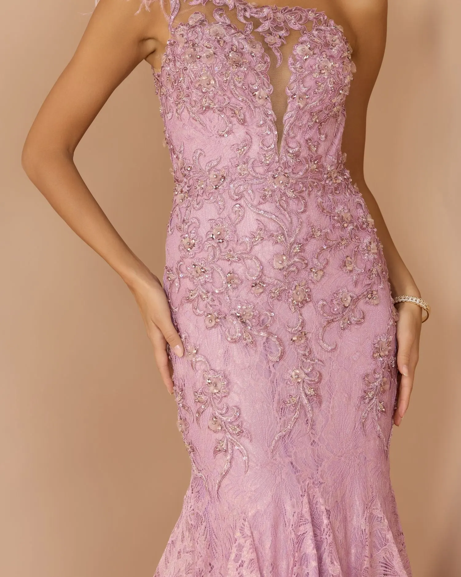Pink Embellished Lace One Shoulder Gown With Feather Detail - Image 3
