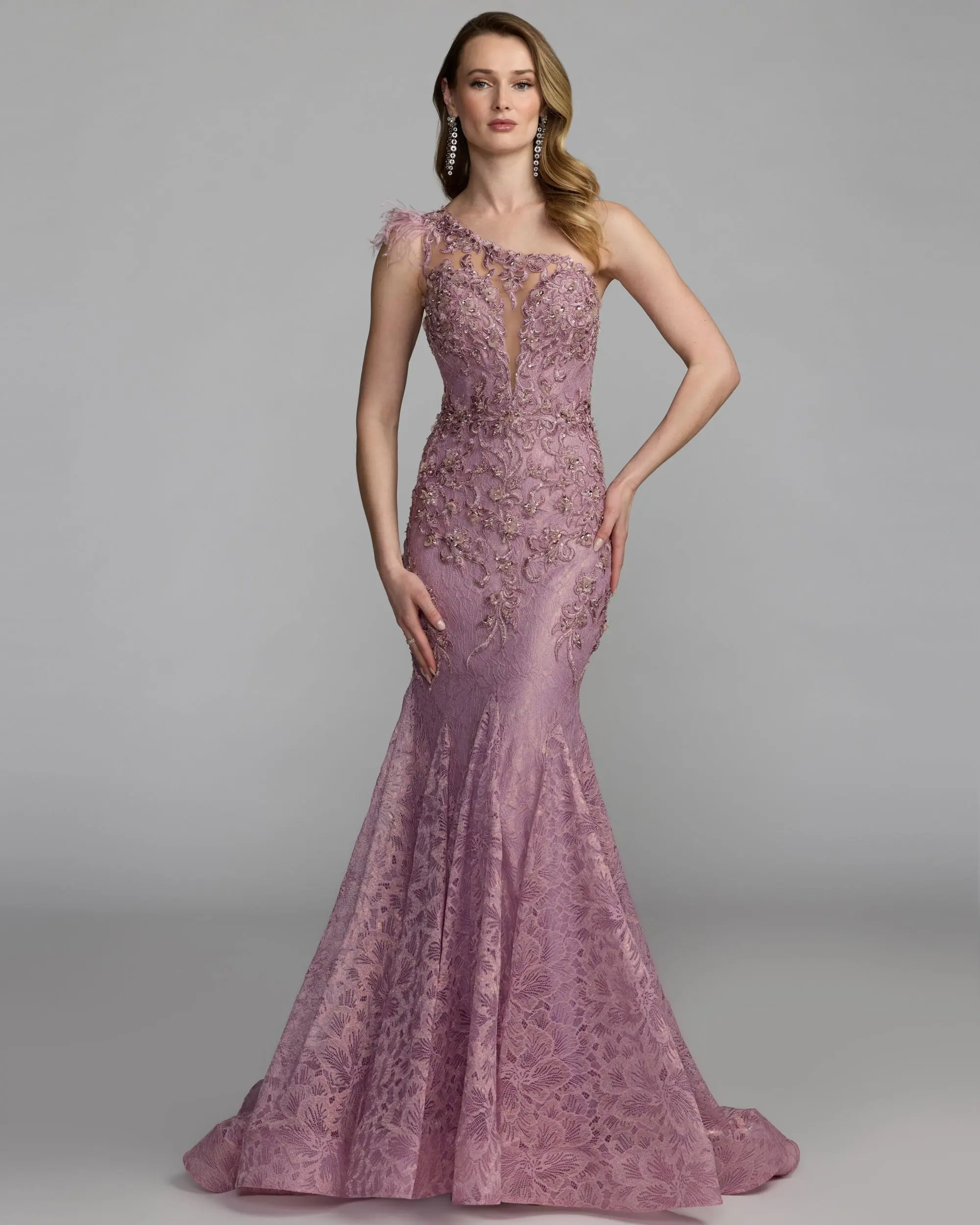 Pink Embellished Lace One Shoulder Gown With Feather Detail - Image 4