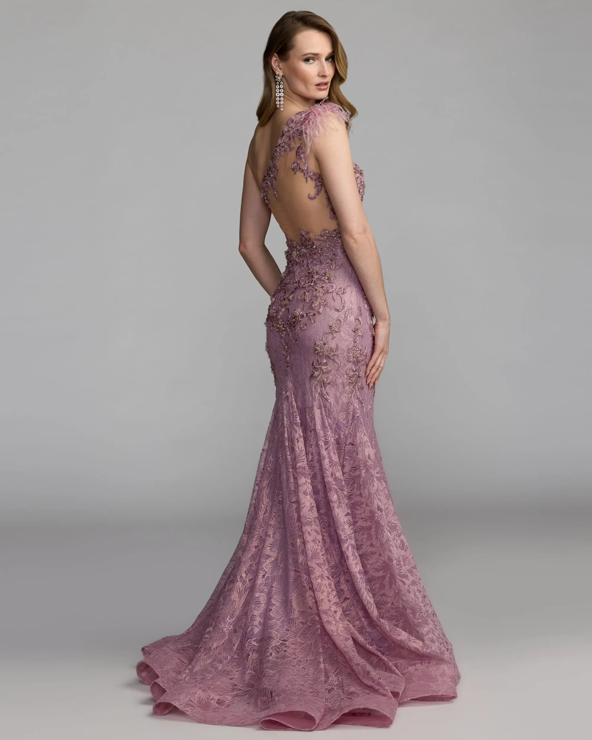 Pink Embellished Lace One Shoulder Gown With Feather Detail - Image 6