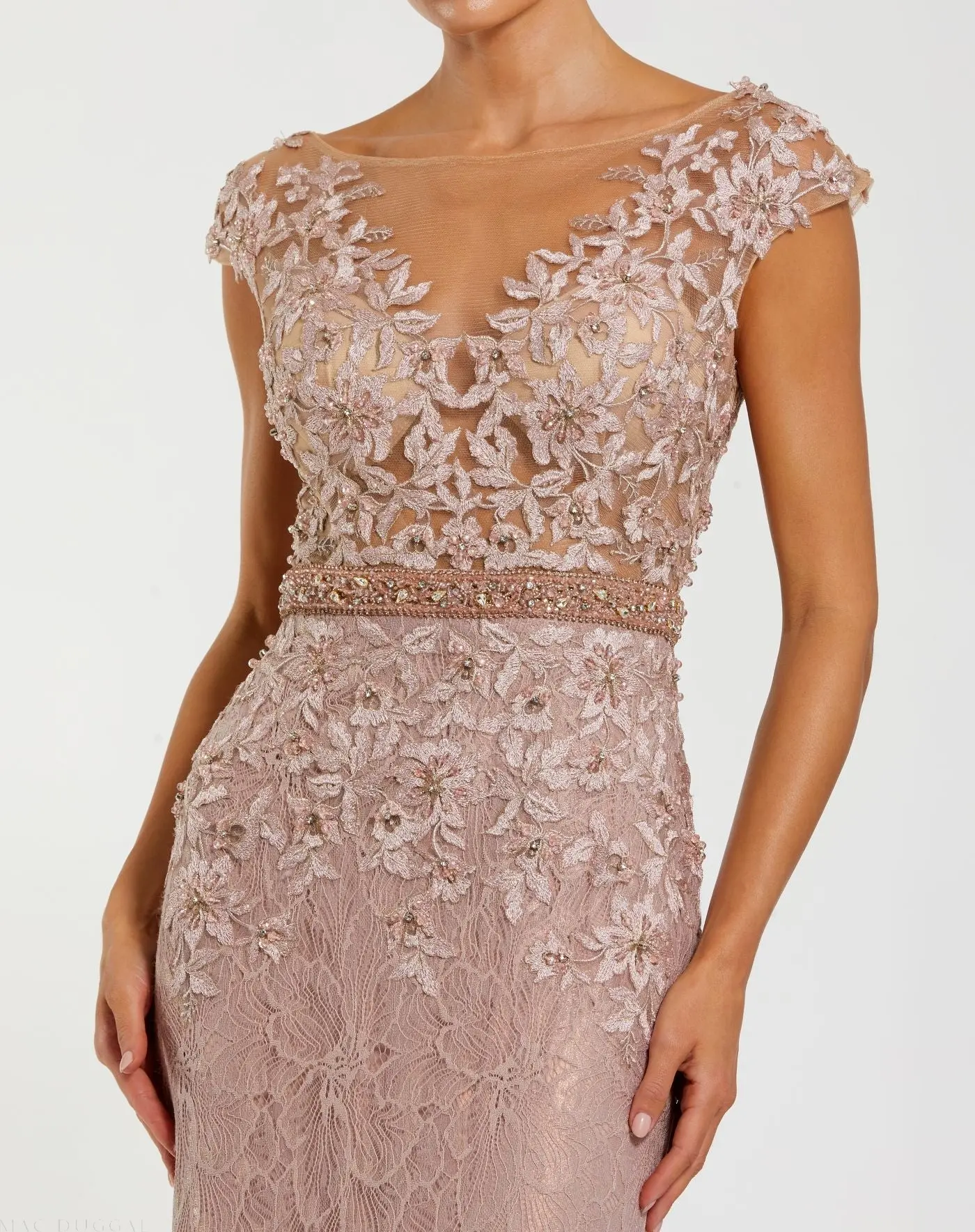 Pink High Neck Shoulder Flower Detail Mermaid Gown - Image 2