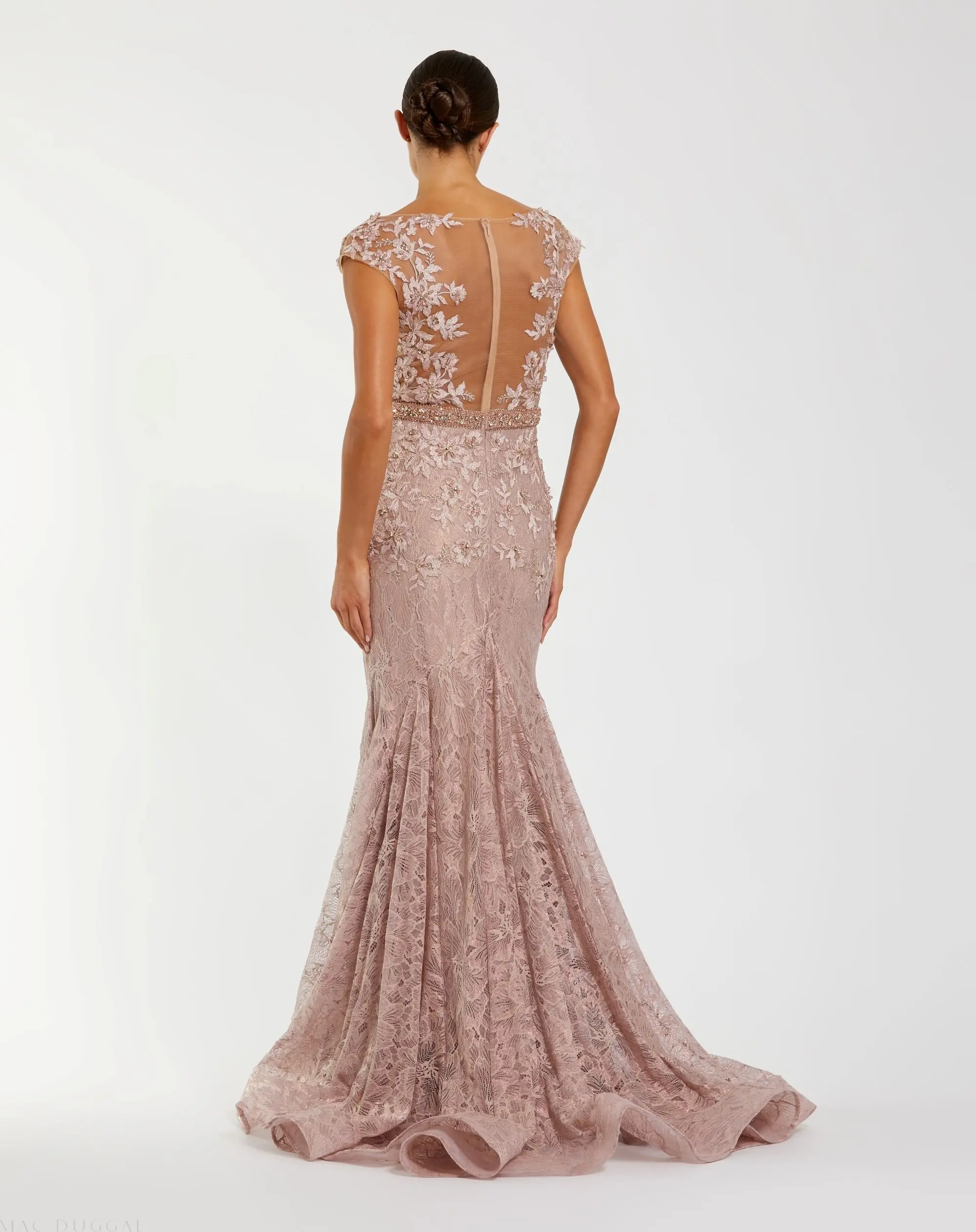 Pink High Neck Shoulder Flower Detail Mermaid Gown - Image 3