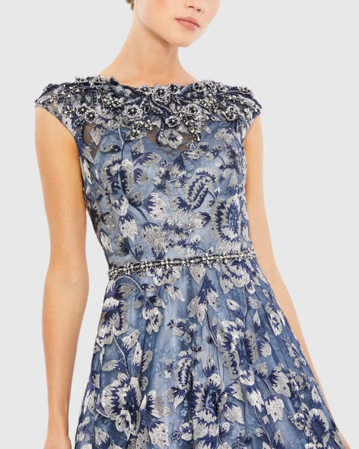 Blue Embellished Cap Sleeve High Neck Ball Gown - Image 2
