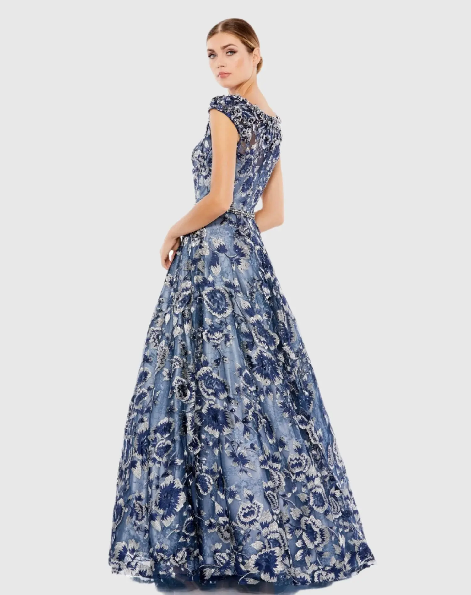Blue Embellished Cap Sleeve High Neck Ball Gown - Image 3