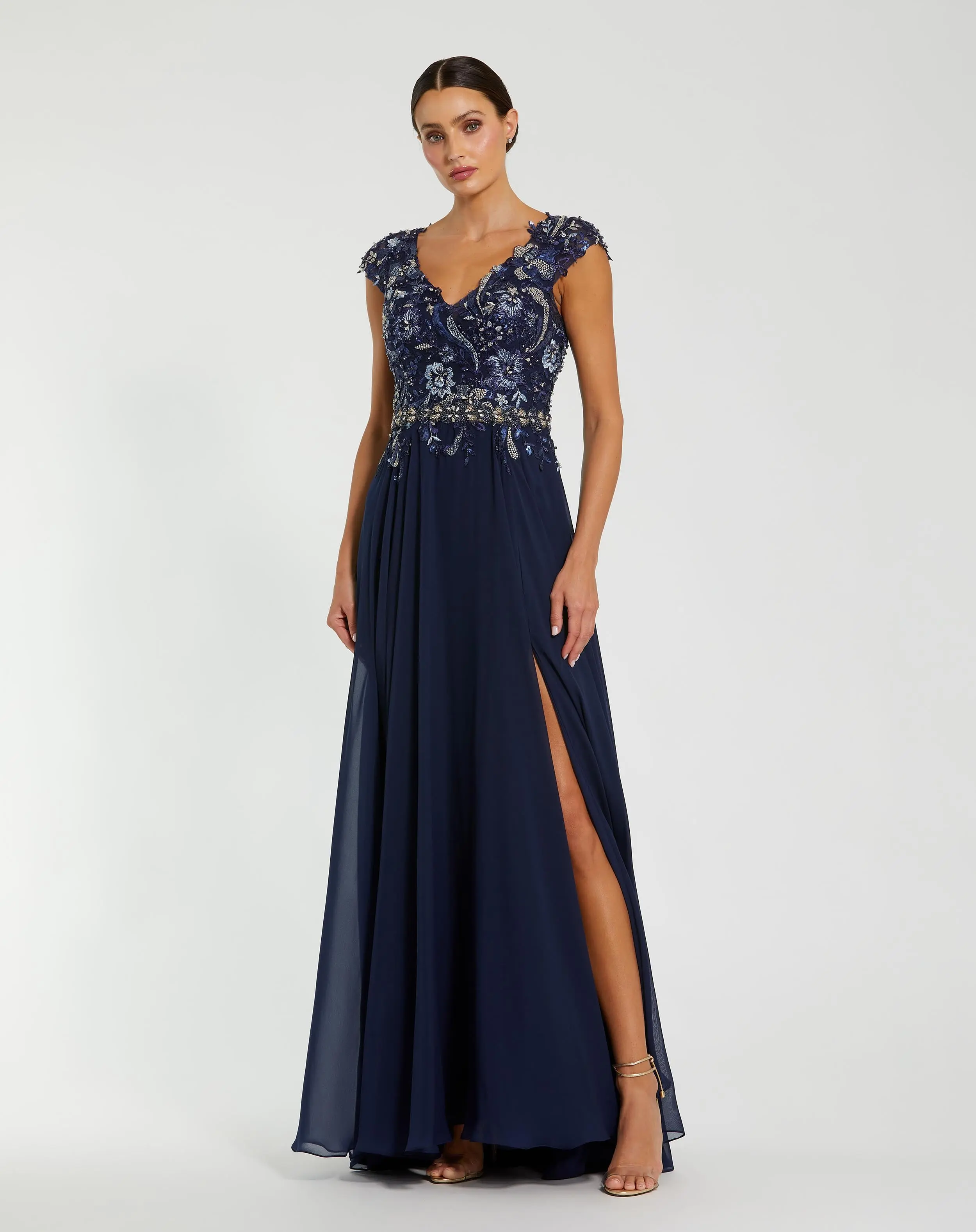 Navy Embellished Chiffon Cap Sleeve A-Line Gown