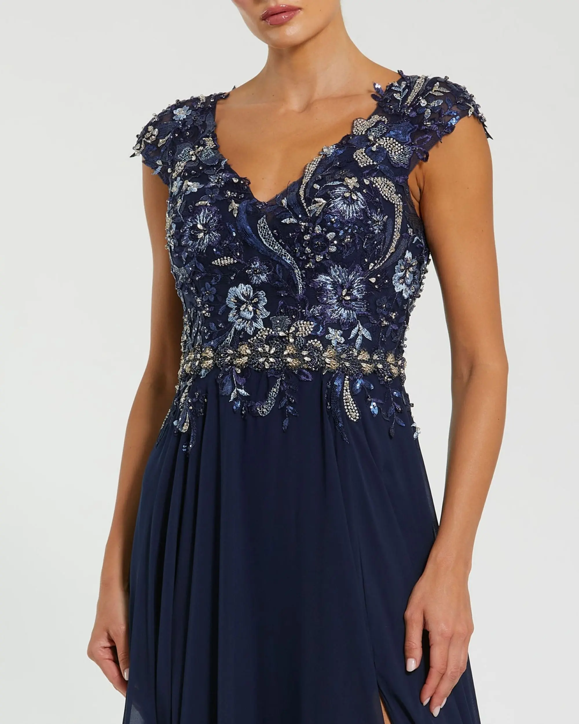 Navy Embellished Chiffon Cap Sleeve A-Line Gown - Image 2