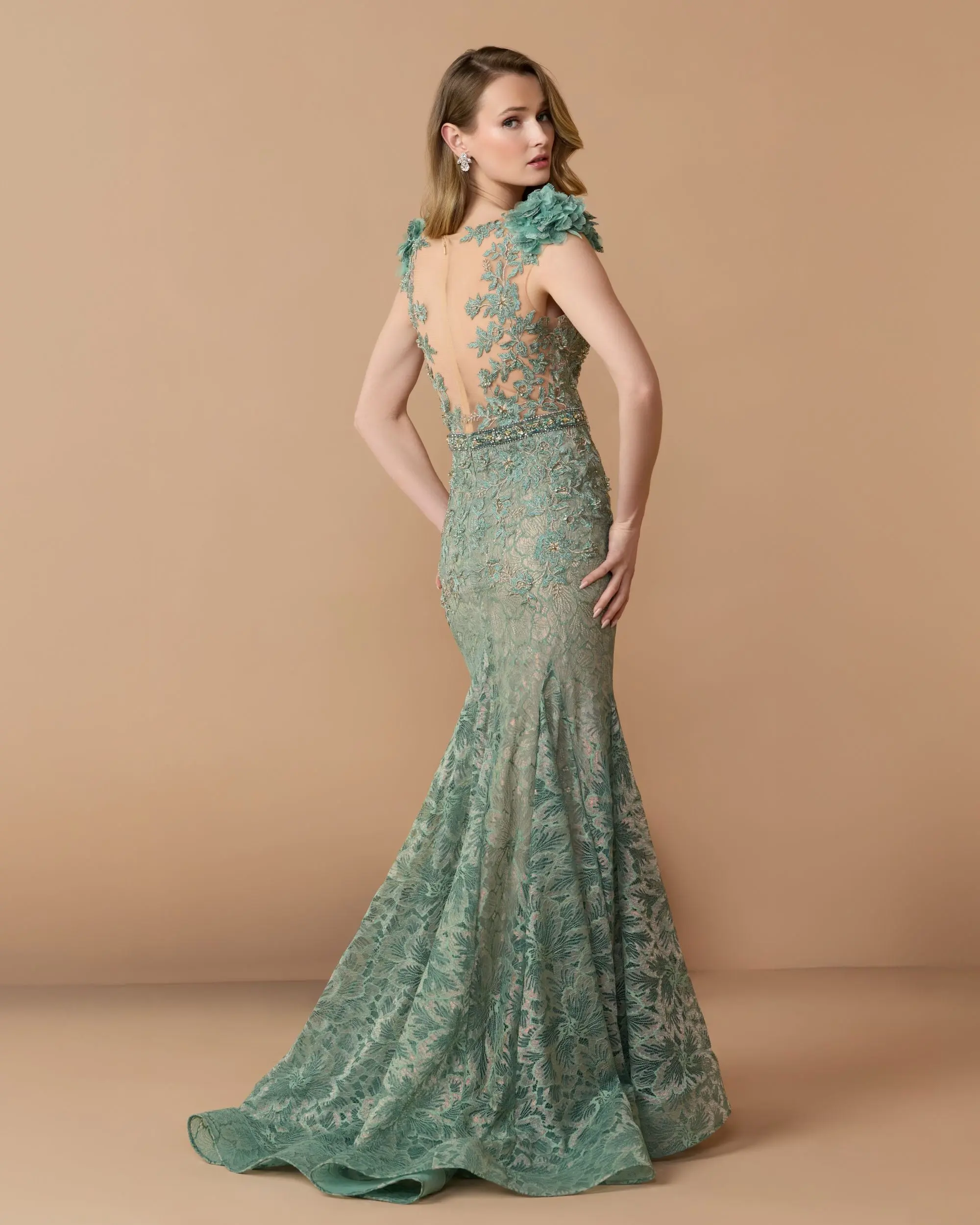 Green Embellished Lace Illusion Neck Gown With 3D Flowers - Image 2