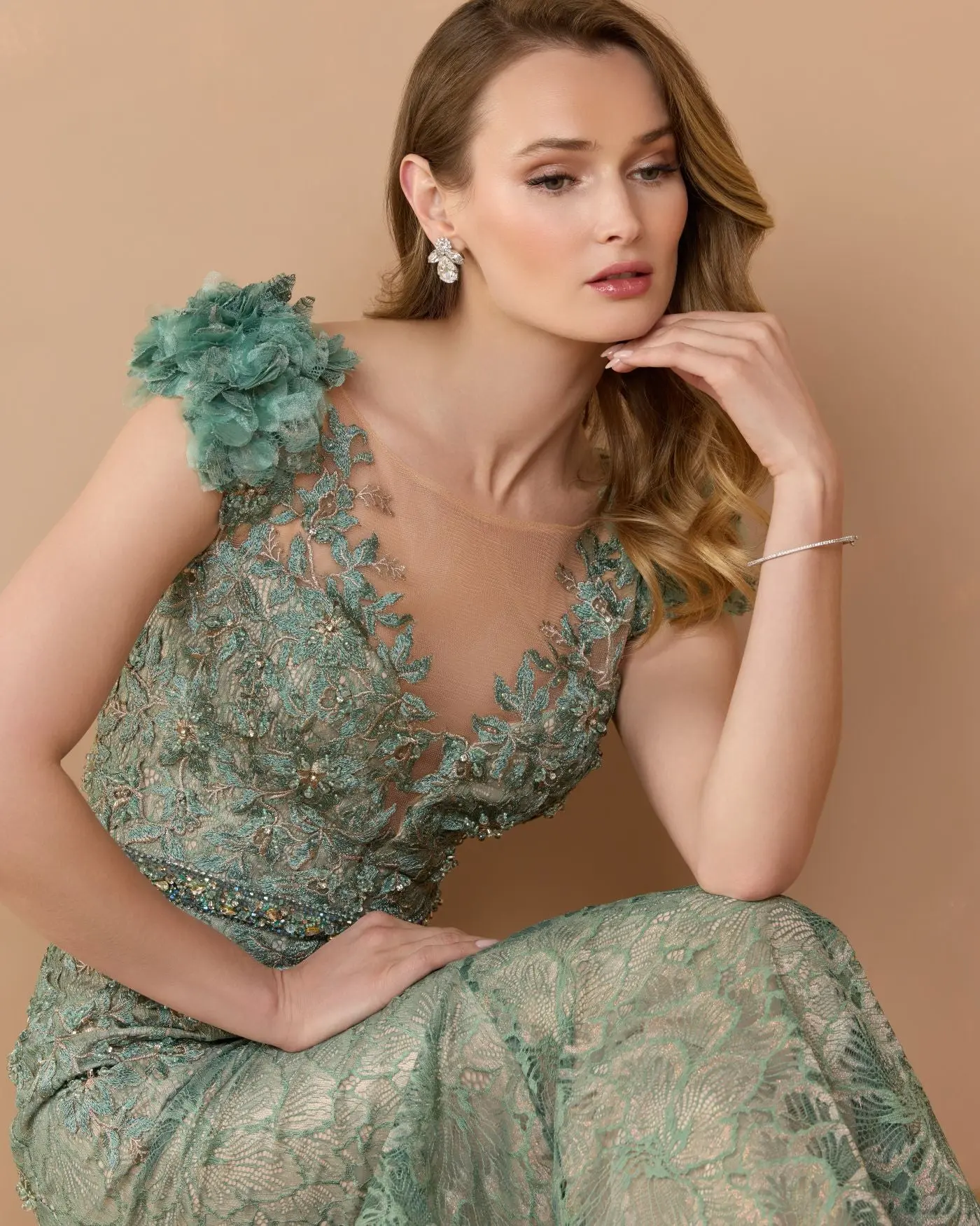 Green Embellished Lace Illusion Neck Gown With 3D Flowers - Image 3