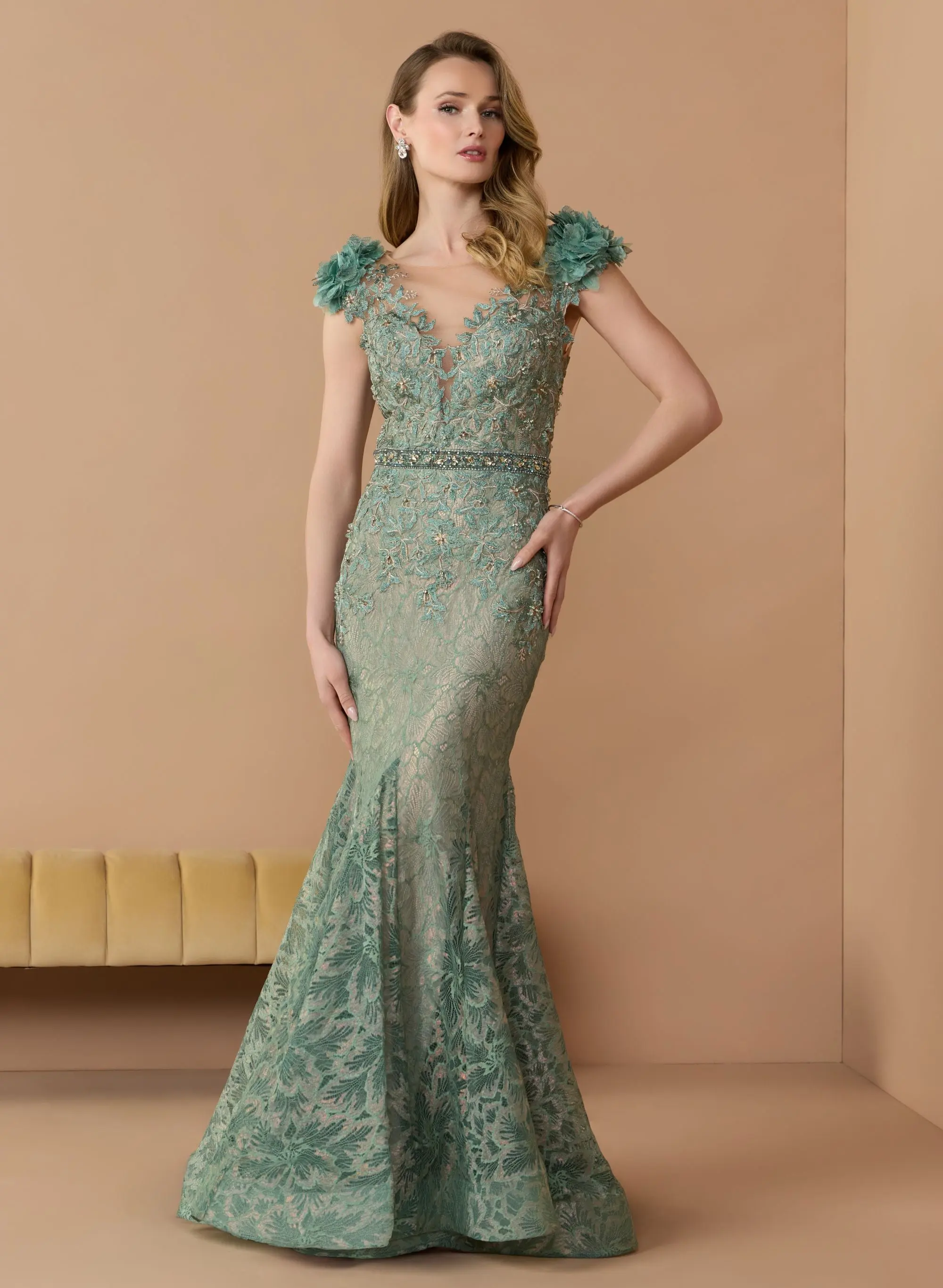 Green Embellished Lace Illusion Neck Gown With 3D Flowers - Image 4