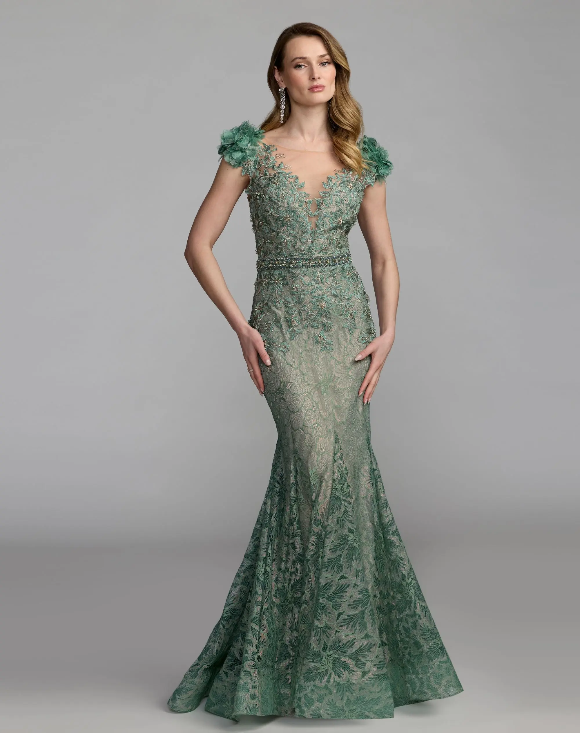 Green Embellished Lace Illusion Neck Gown With 3D Flowers - Image 5