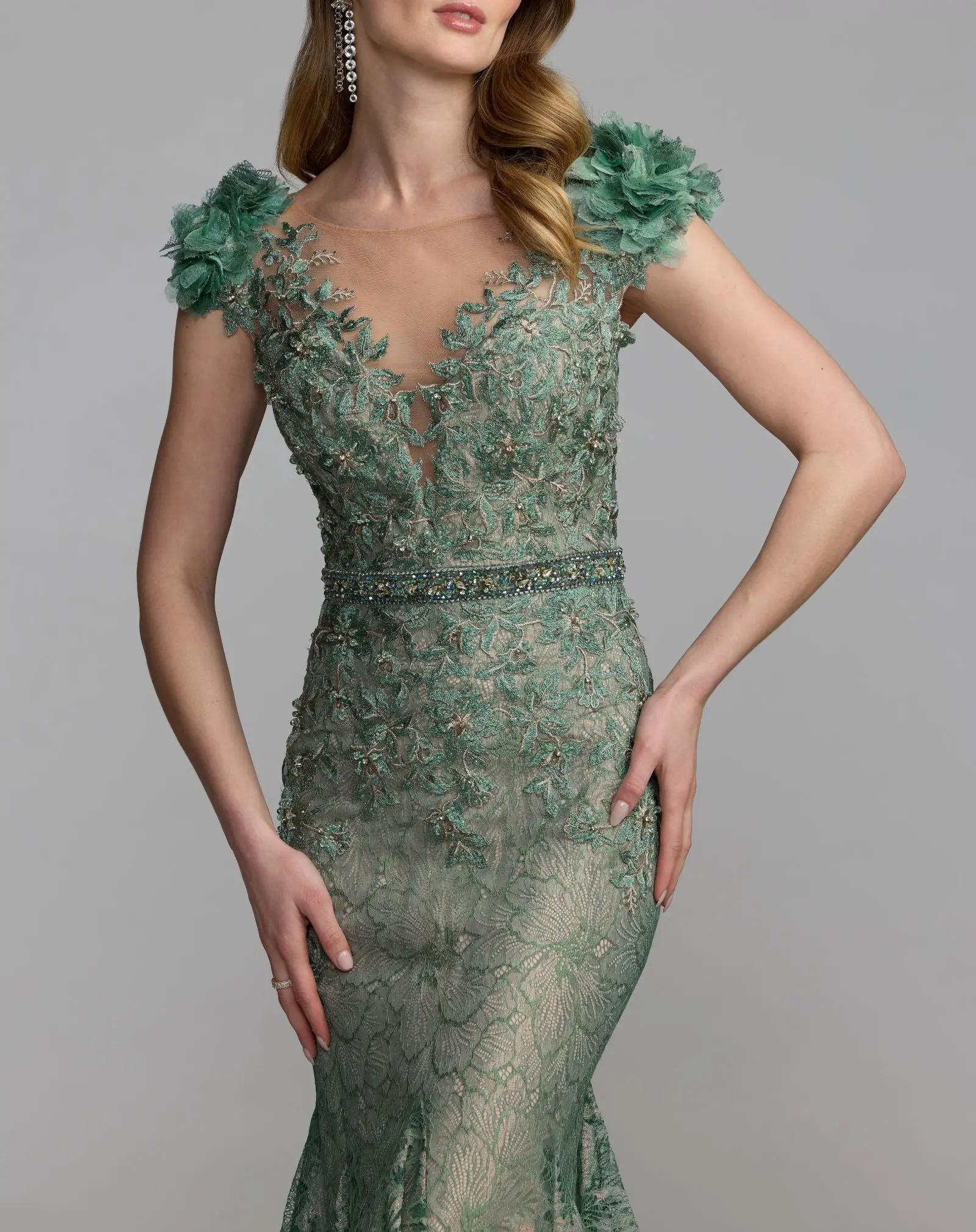 Green Embellished Lace Illusion Neck Gown With 3D Flowers - Image 6