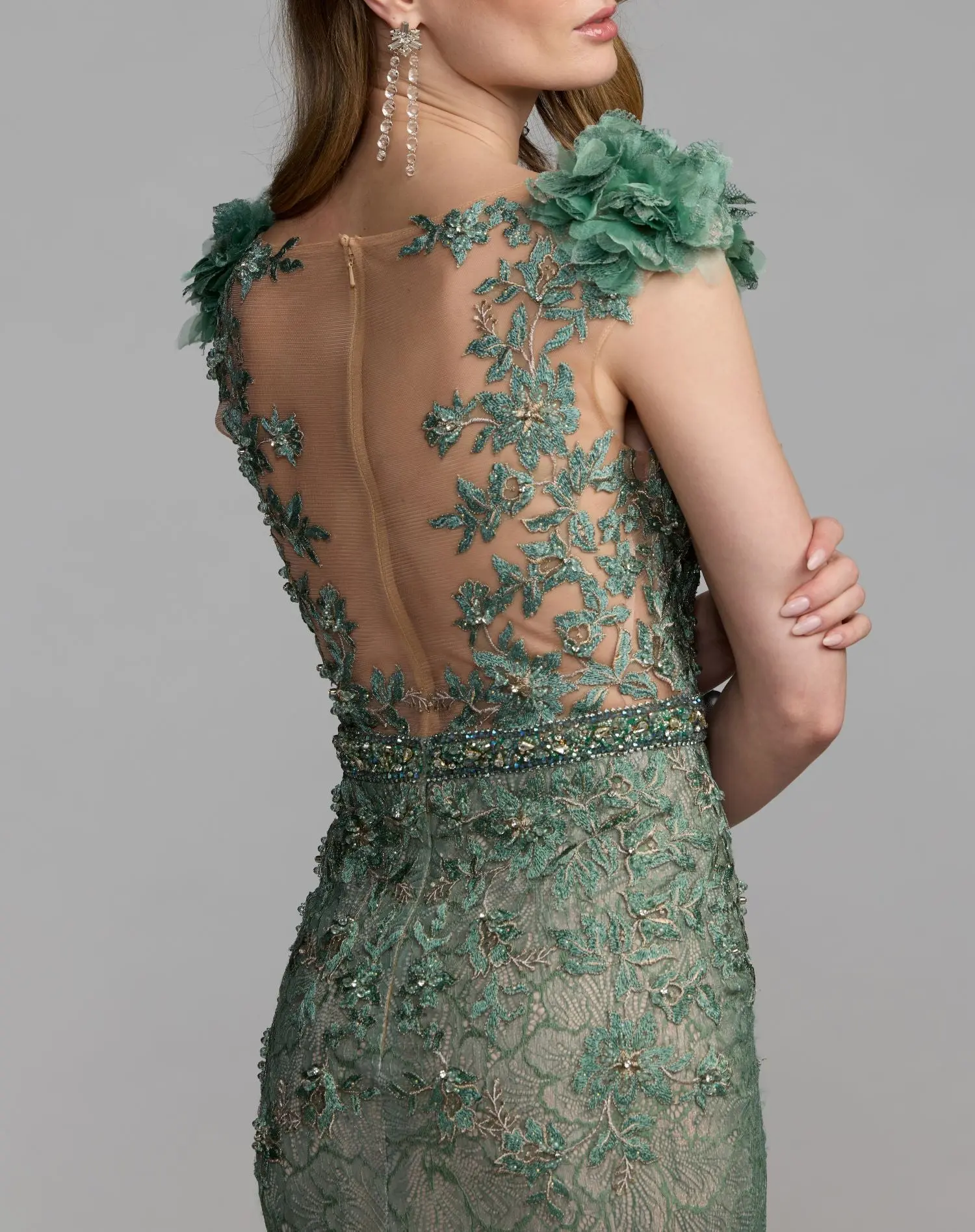 Green Embellished Lace Illusion Neck Gown With 3D Flowers - Image 7