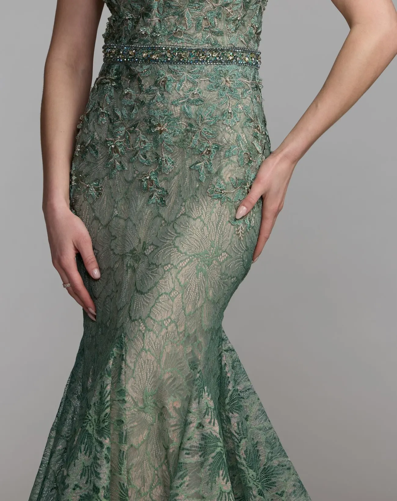 Green Embellished Lace Illusion Neck Gown With 3D Flowers - Image 8