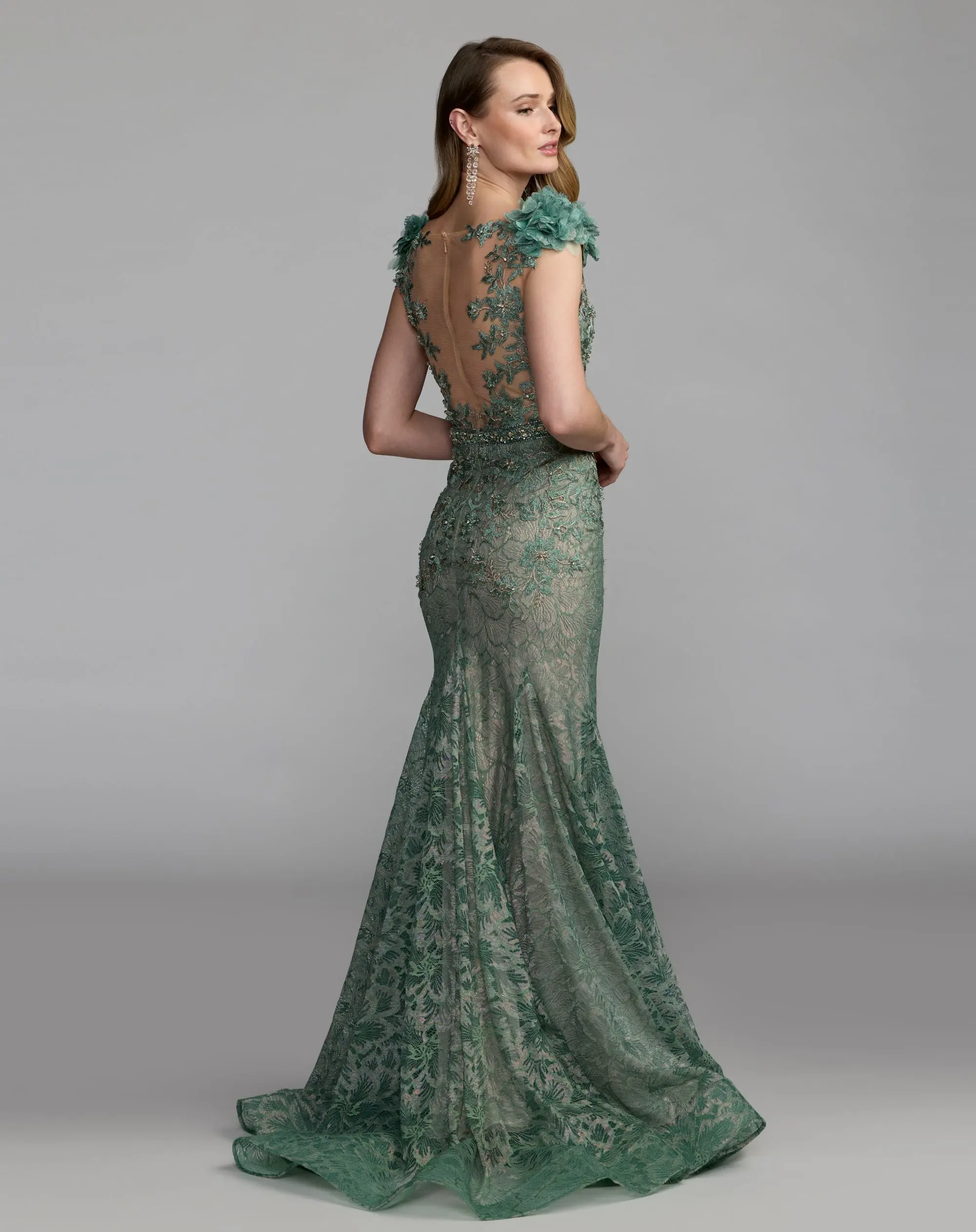 Green Embellished Lace Illusion Neck Gown With 3D Flowers - Image 9