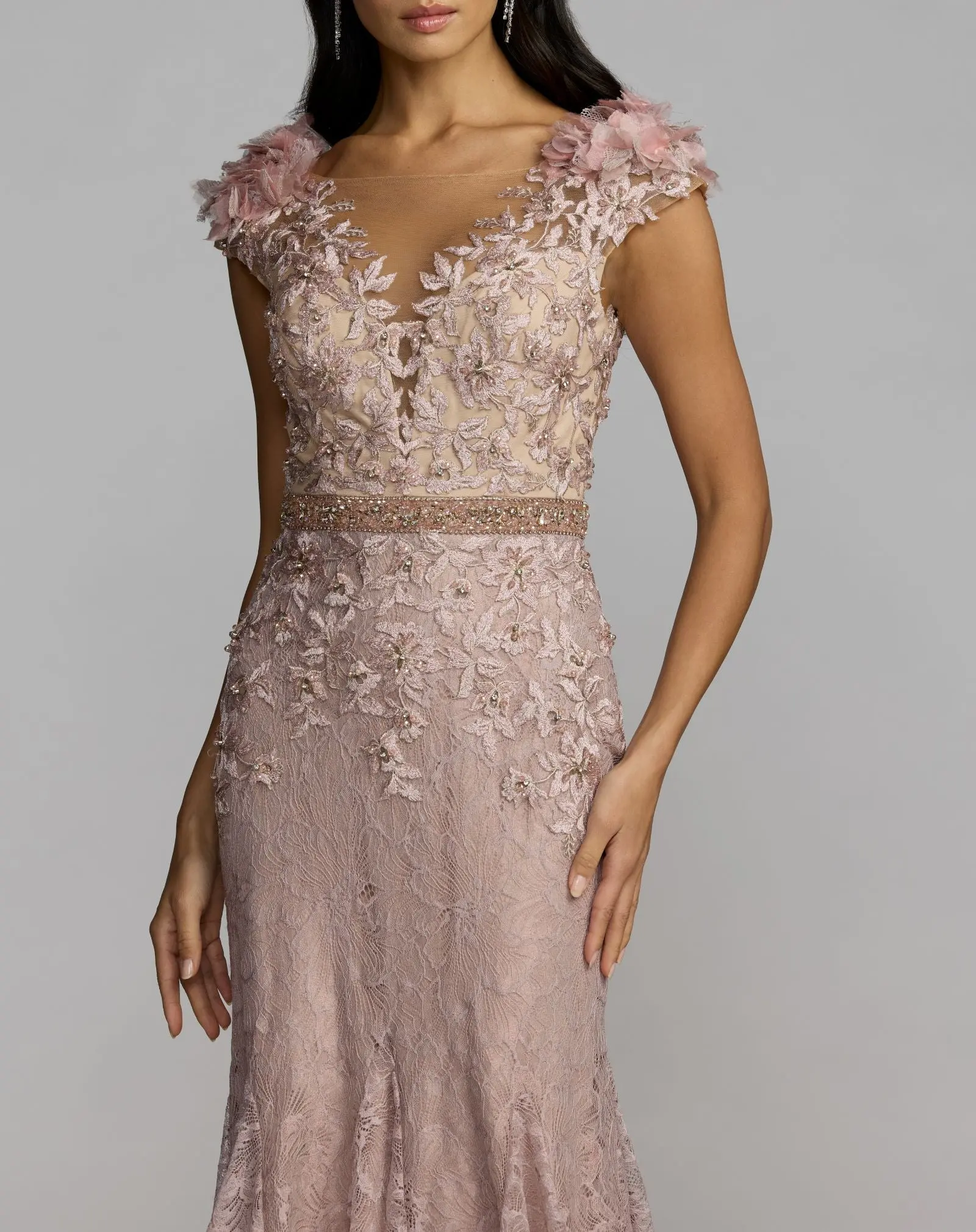 Pink Embellished Lace Illusion Neck Gown With 3D Flowers - Image 5