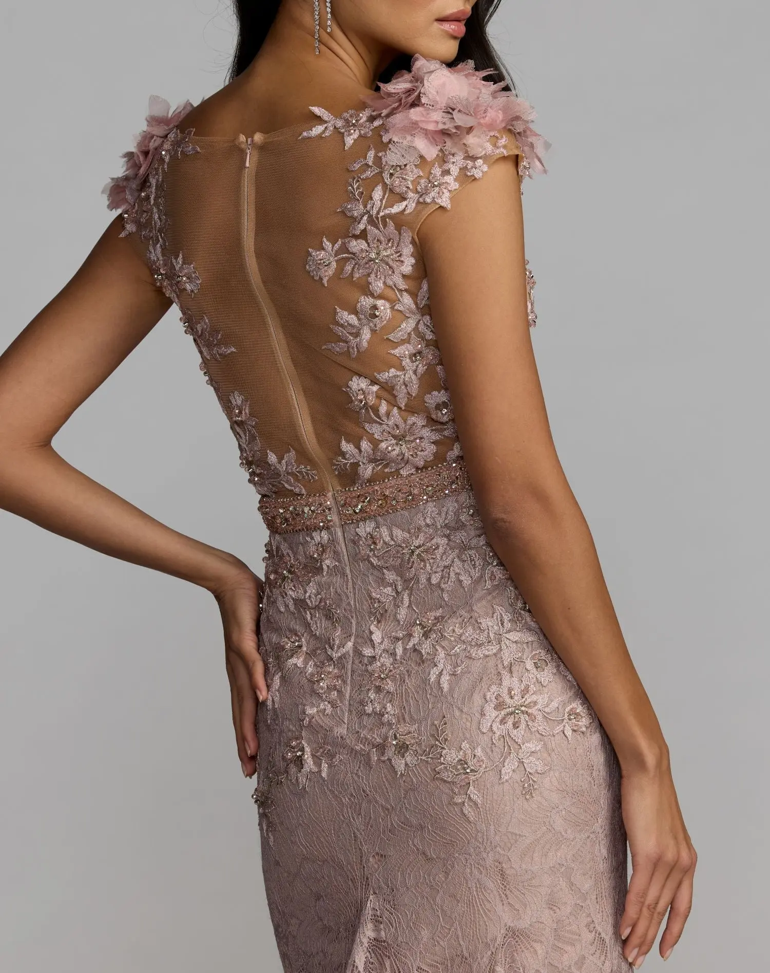 Pink Embellished Lace Illusion Neck Gown With 3D Flowers - Image 6