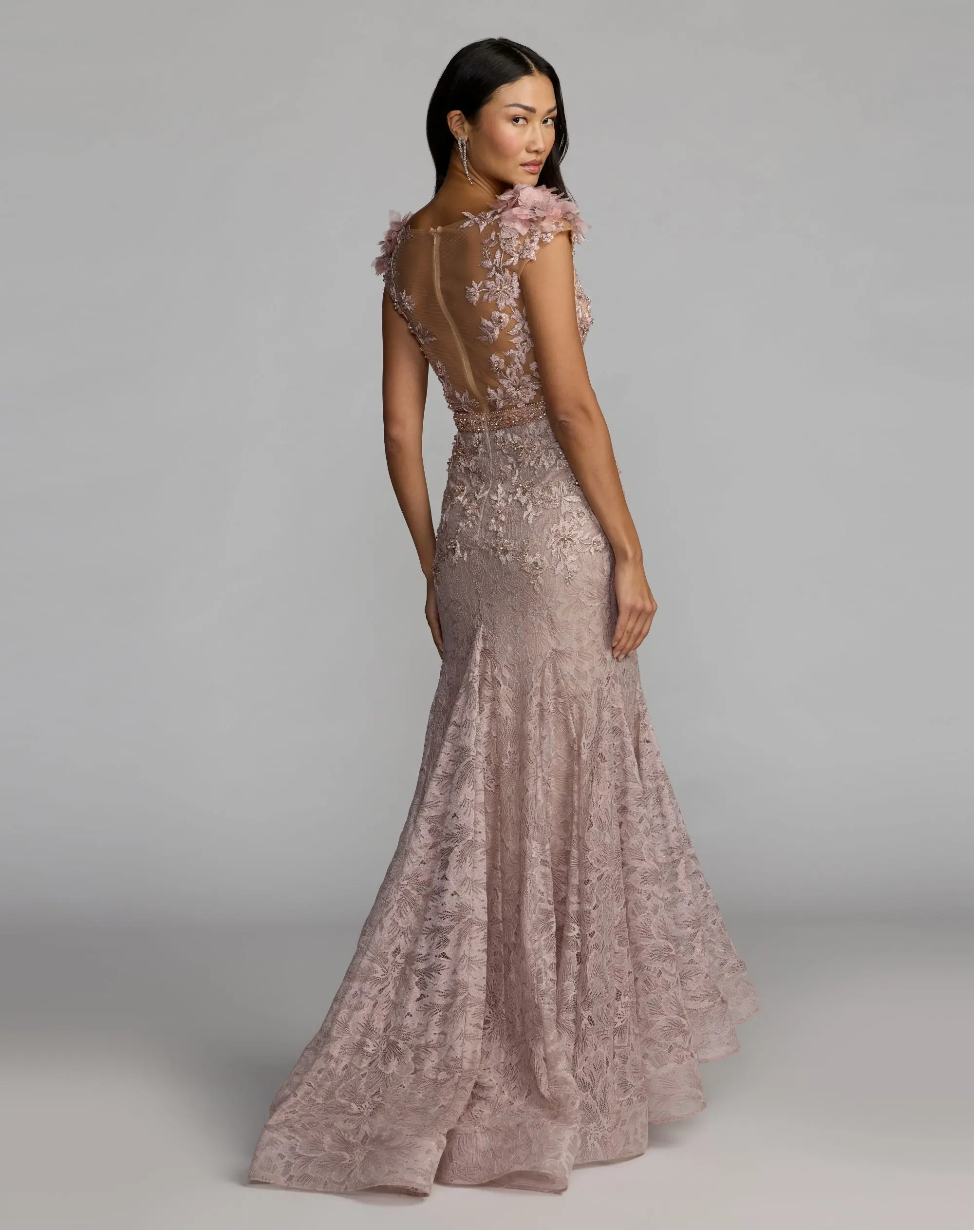 Pink Embellished Lace Illusion Neck Gown With 3D Flowers - Image 8