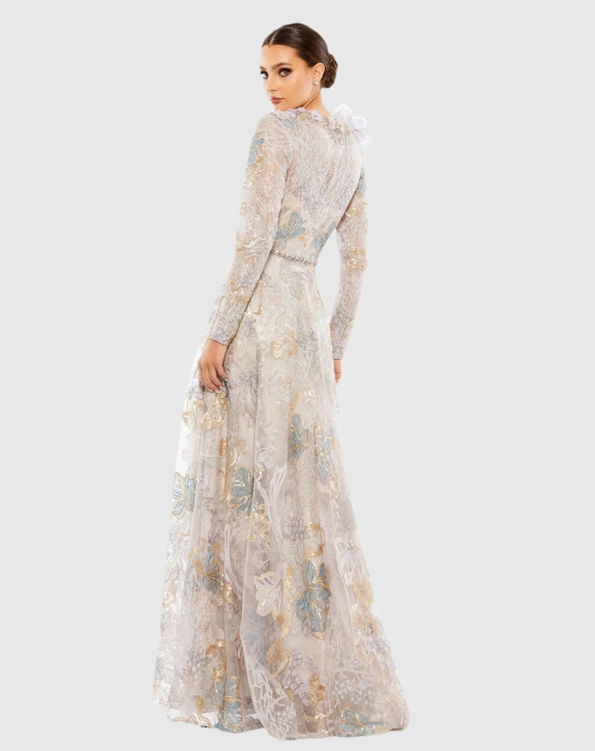Beige Embellished Long Sleeve High Neck Rose Applique Gown - Image 3