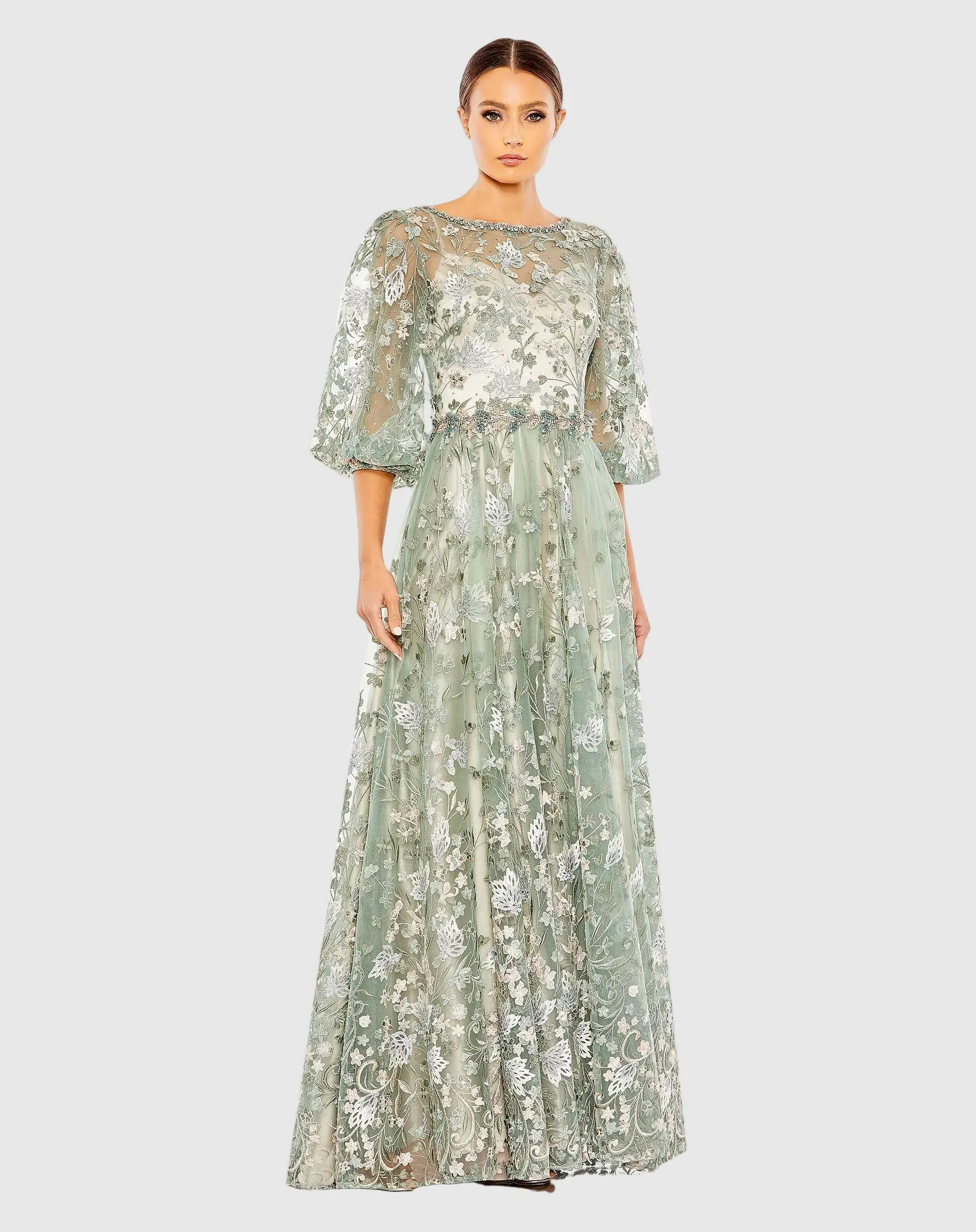 Green Embroidered A-Line Gown With 3/4 Puff Sleeves