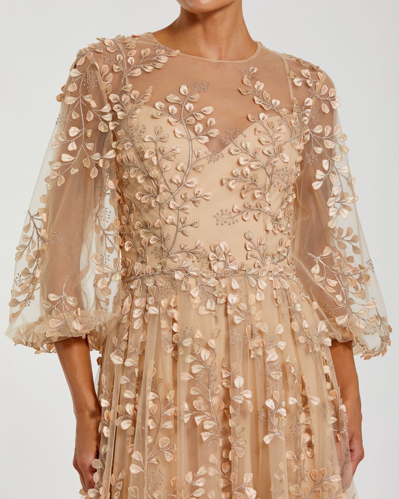 Beige Embroidered Puff Sleeve A-Line Gown - Image 2