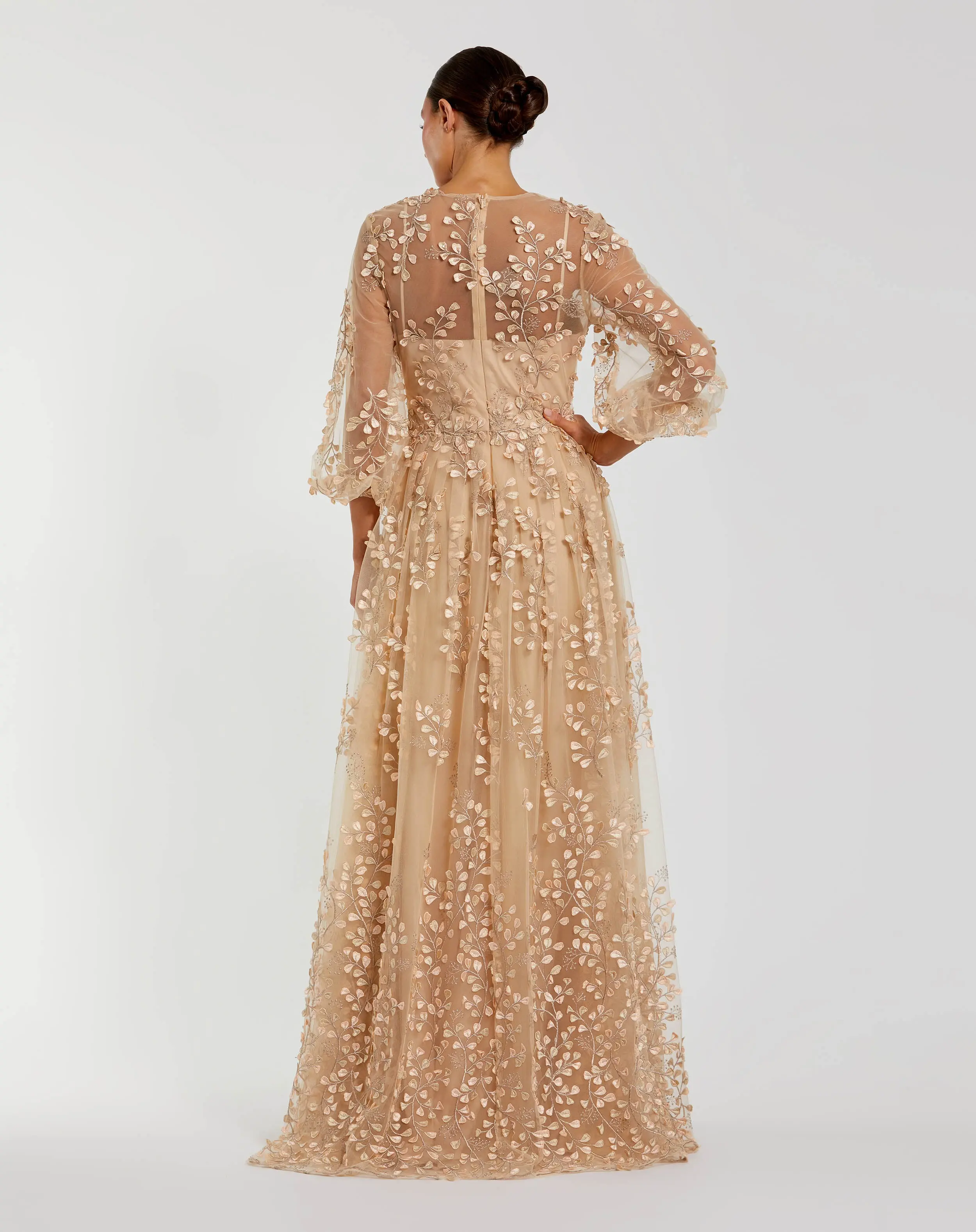 Beige Embroidered Puff Sleeve A-Line Gown - Image 3
