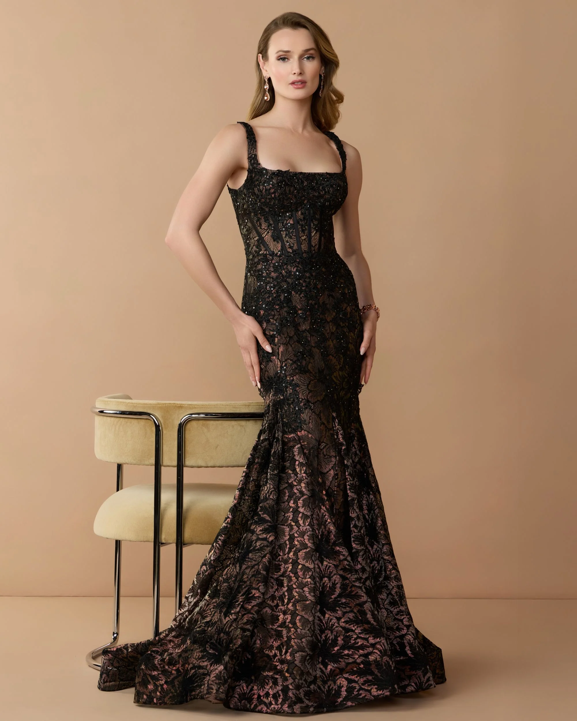 Black Sleeveless Embellished Lace Mermaid Gown - Image 2