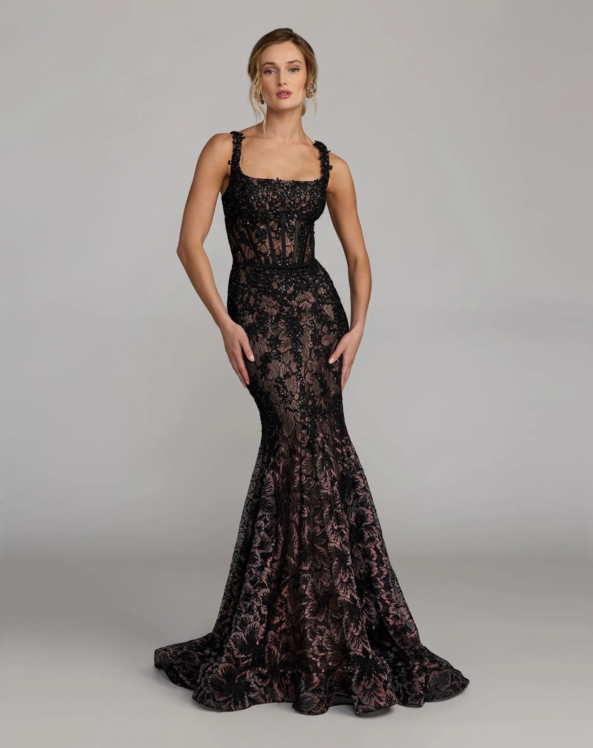 Black Sleeveless Embellished Lace Mermaid Gown - Image 4