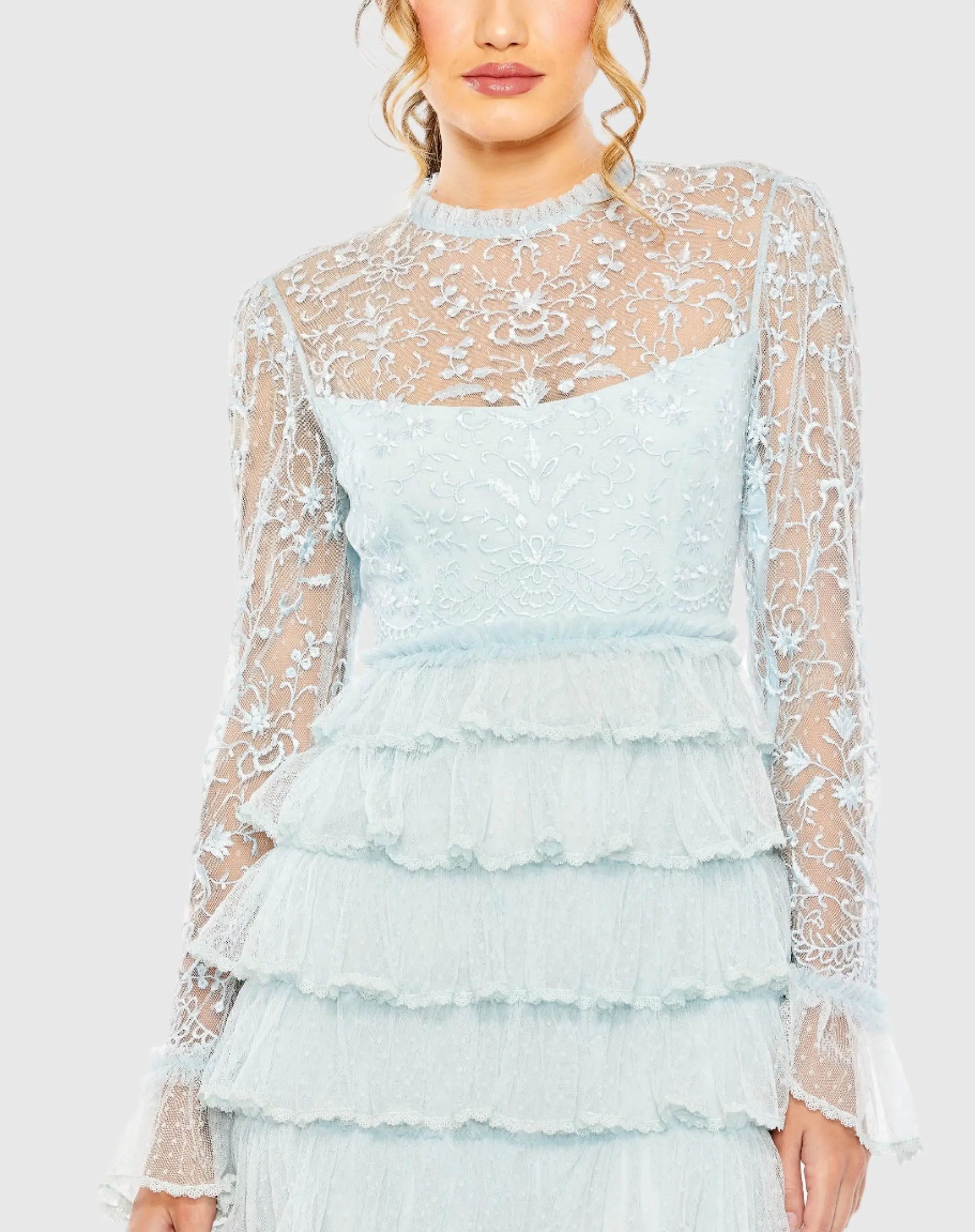Blue Embroidered Long Sleeve Ruffled Tiered Dress - Image 2