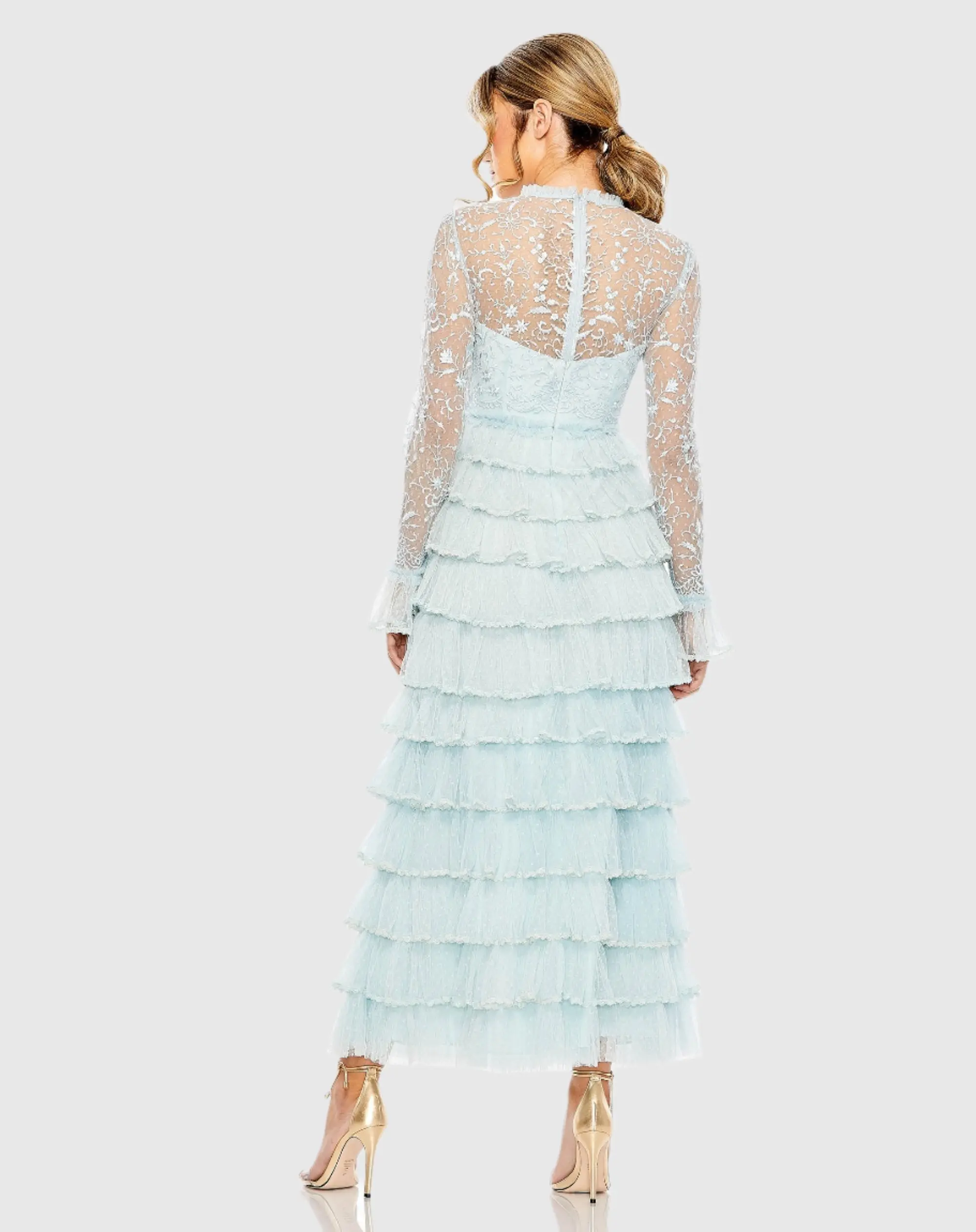 Blue Embroidered Long Sleeve Ruffled Tiered Dress - Image 3