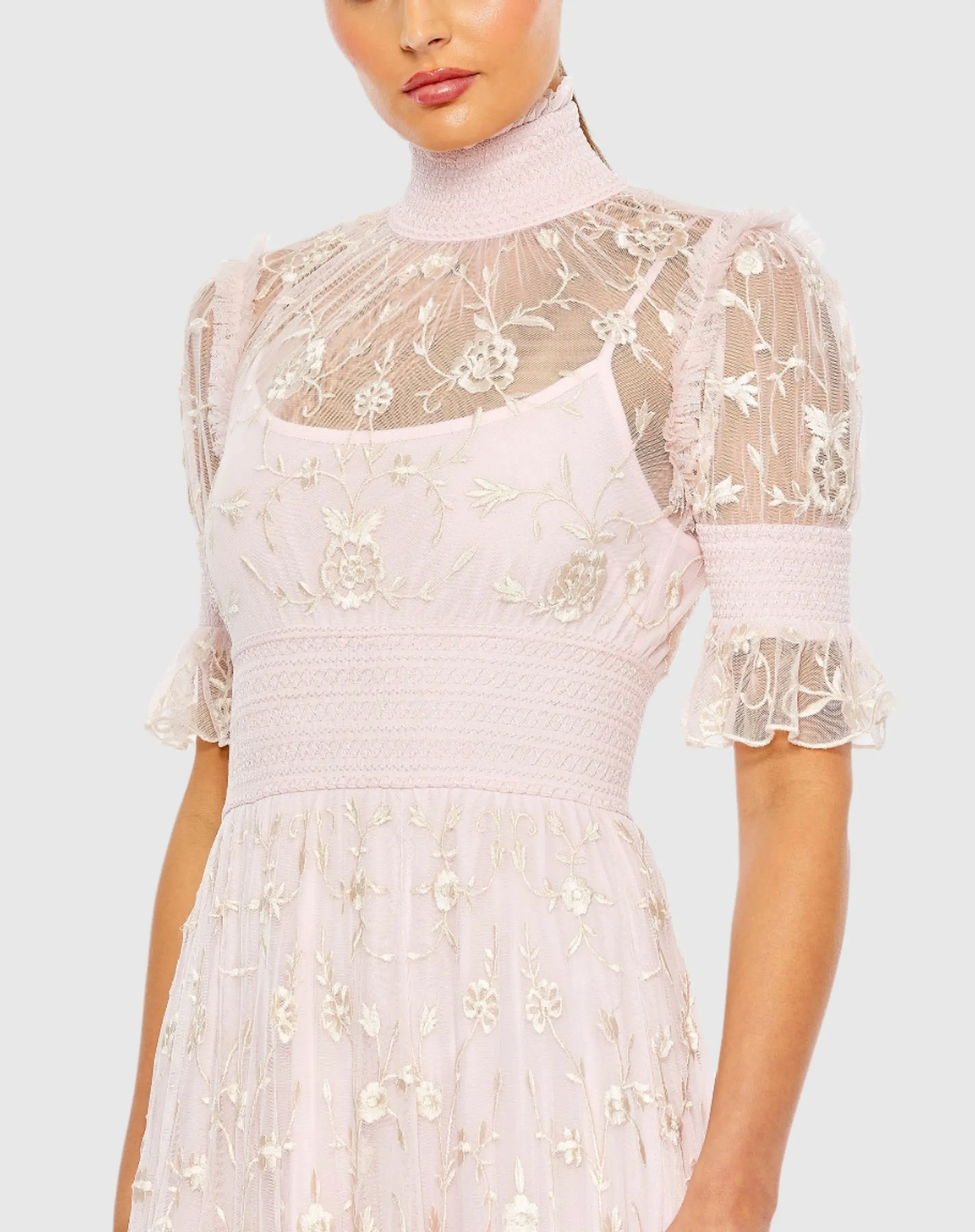 Pink Floral Embroidered Smock Neck Tiered Ruffle Dress - Image 2