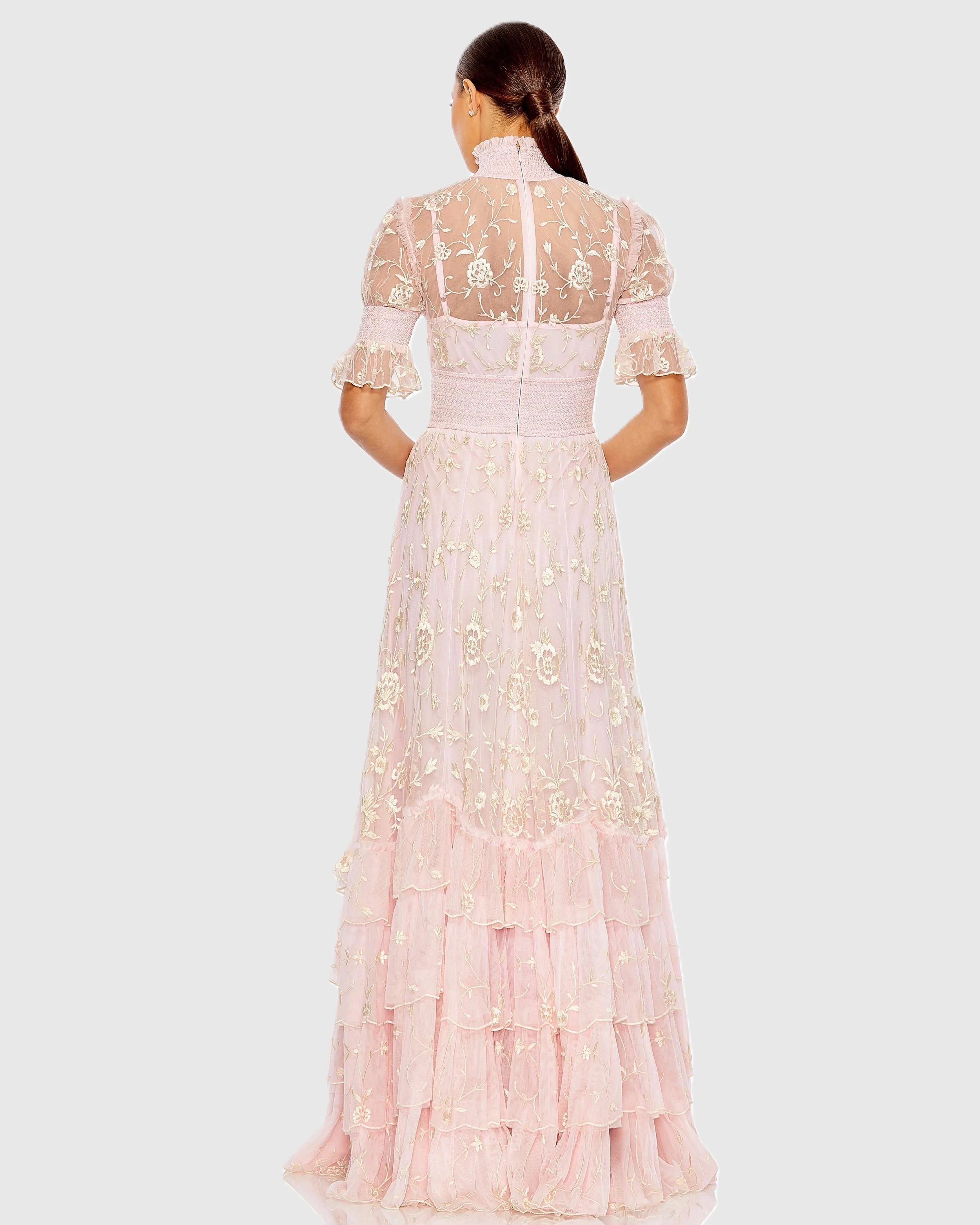Pink Floral Embroidered Smock Neck Tiered Ruffle Dress - Image 3