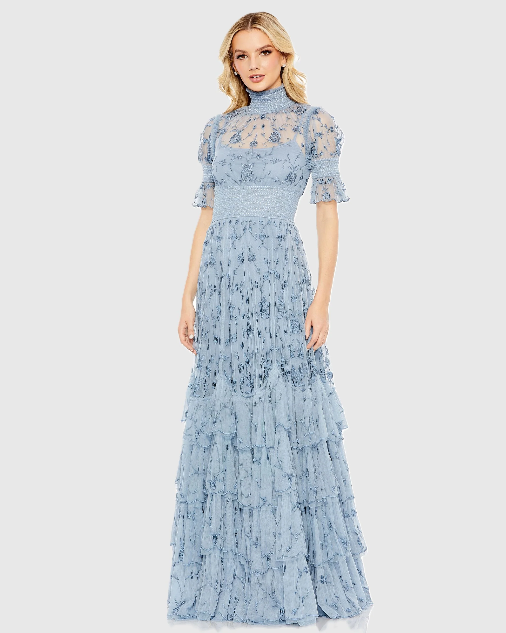Blue Floral Embroidered Smock Neck Tiered Ruffle Dress