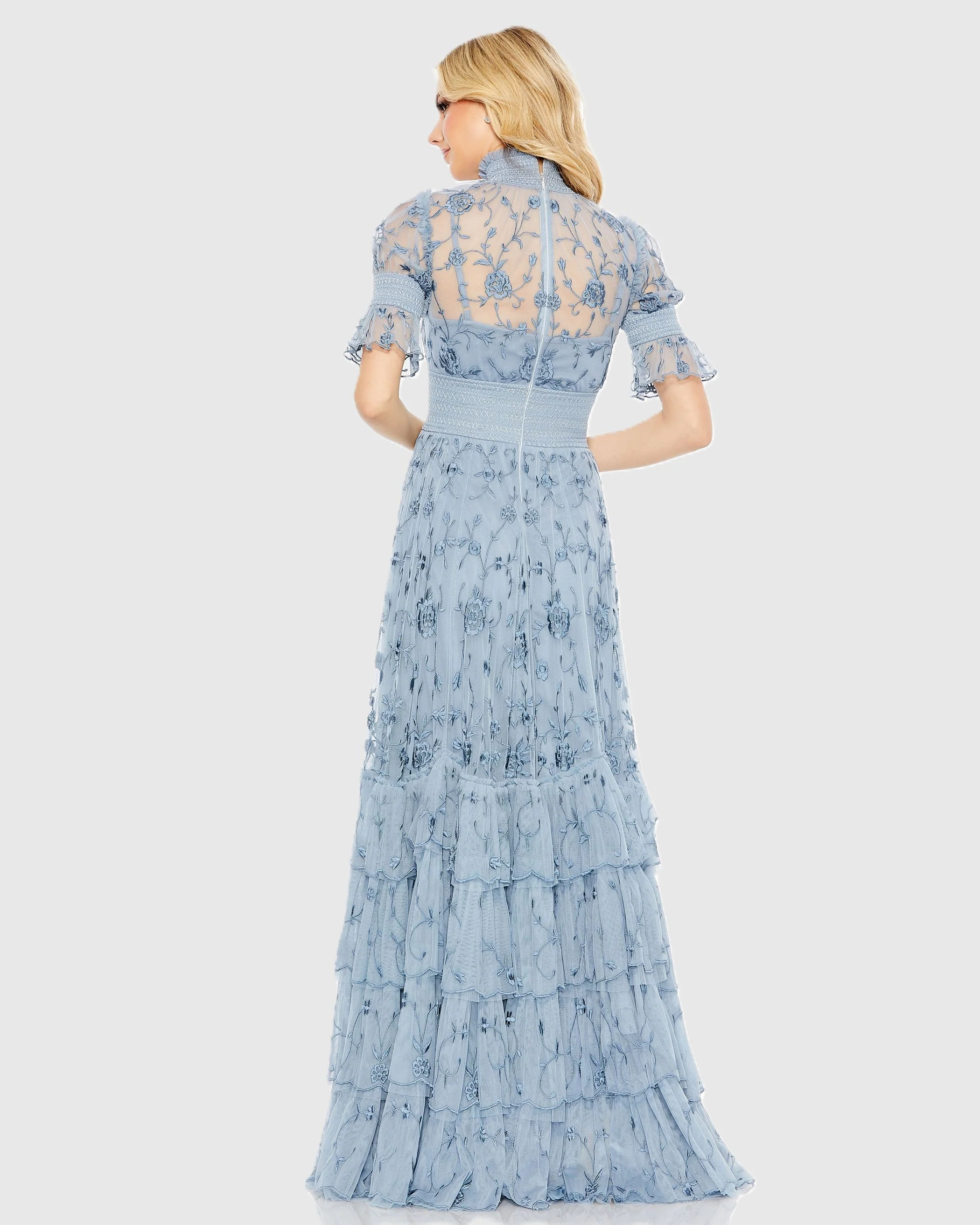 Blue Floral Embroidered Smock Neck Tiered Ruffle Dress - Image 3